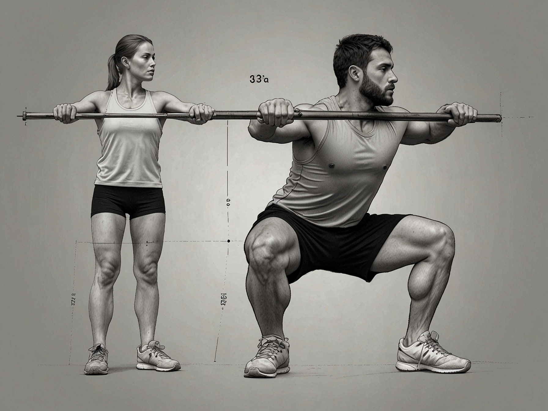 The second image captures the transition from the hinge to the squat position, with the person bending their knees and lowering their hips towards the floor, demonstrating the full range of motion.