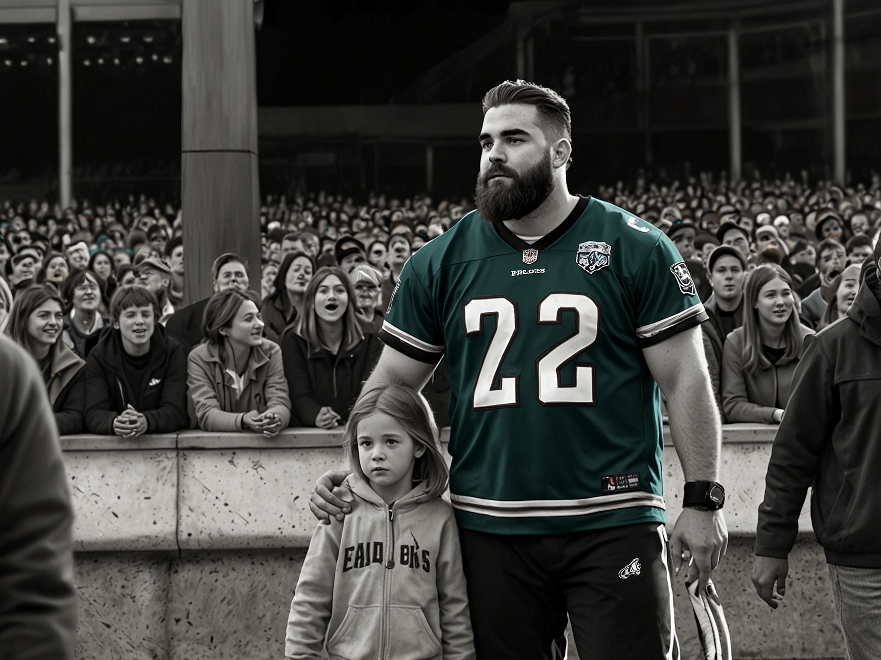 Jason Kelce, dressed casually, sneaks up behind a young boy in an Eagles jersey standing among the crowd outside London's O2 Arena, ready to surprise him before Taylor Swift's concert.