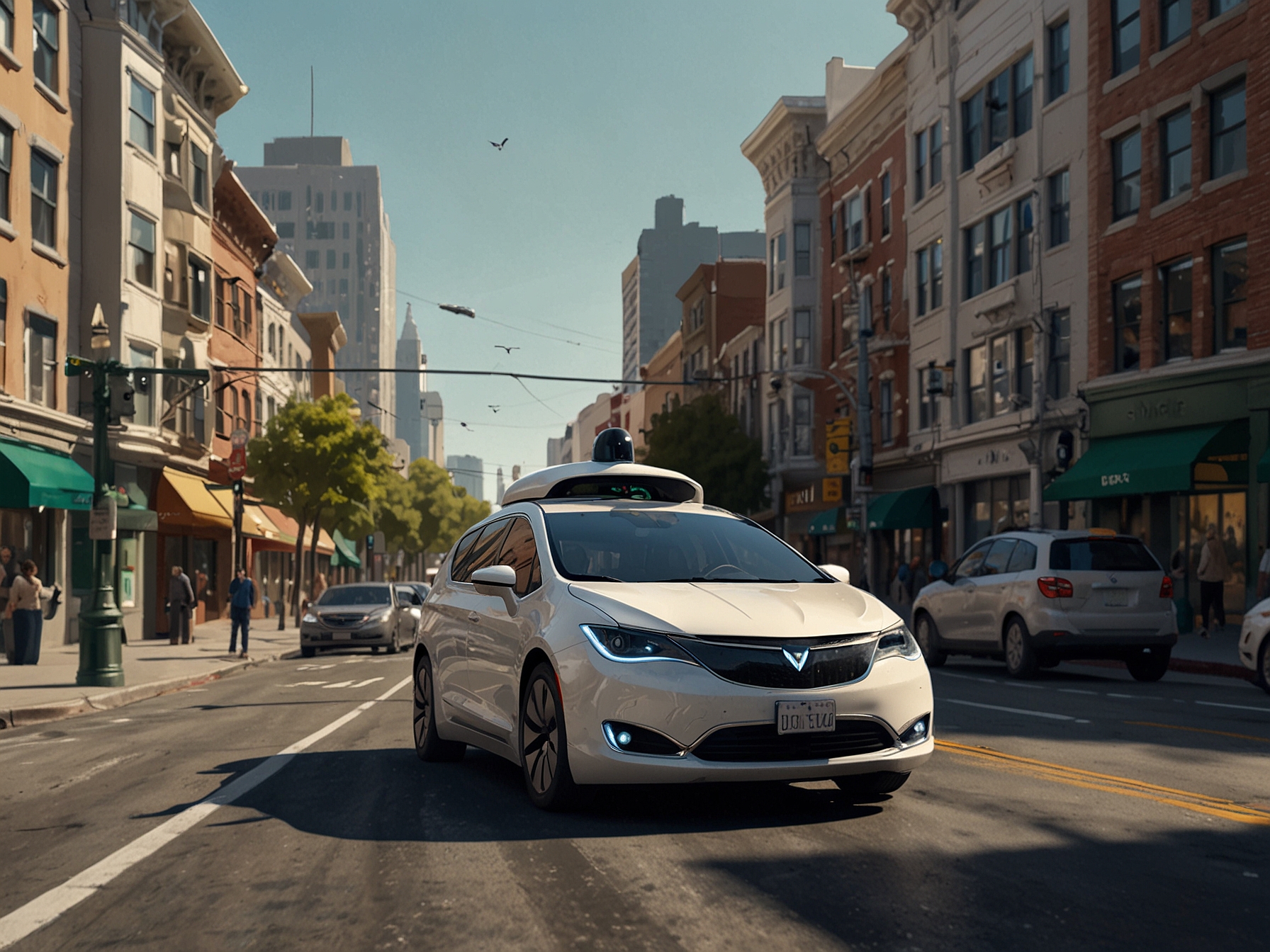A Waymo robotaxi cruising through the busy streets of San Francisco, showcasing the futuristic technology behind autonomous vehicles now accessible to the general public.