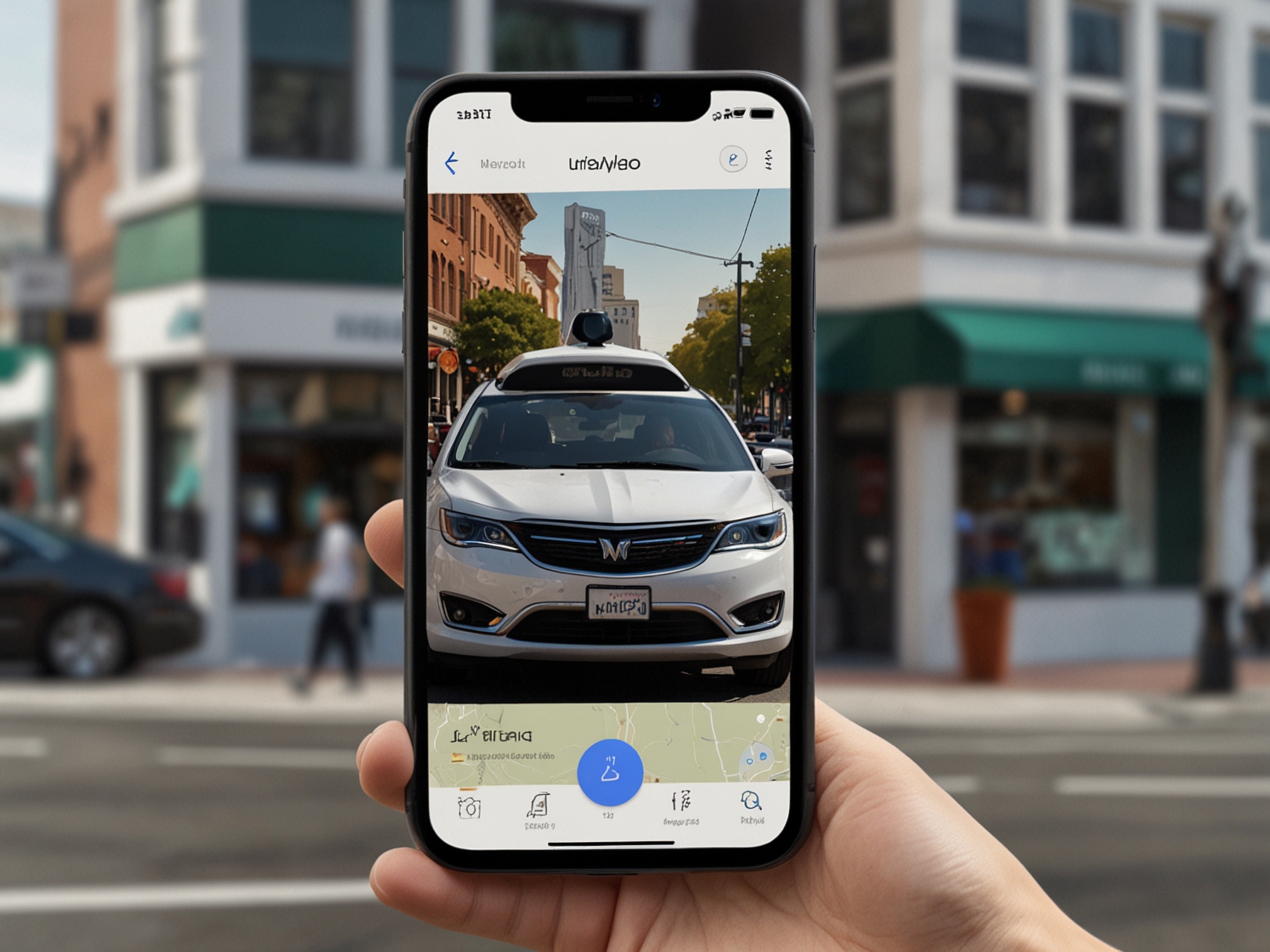 The Waymo app displayed on a smartphone screen, illustrating the simplicity of booking a driverless ride in San Francisco using this cutting-edge technology.