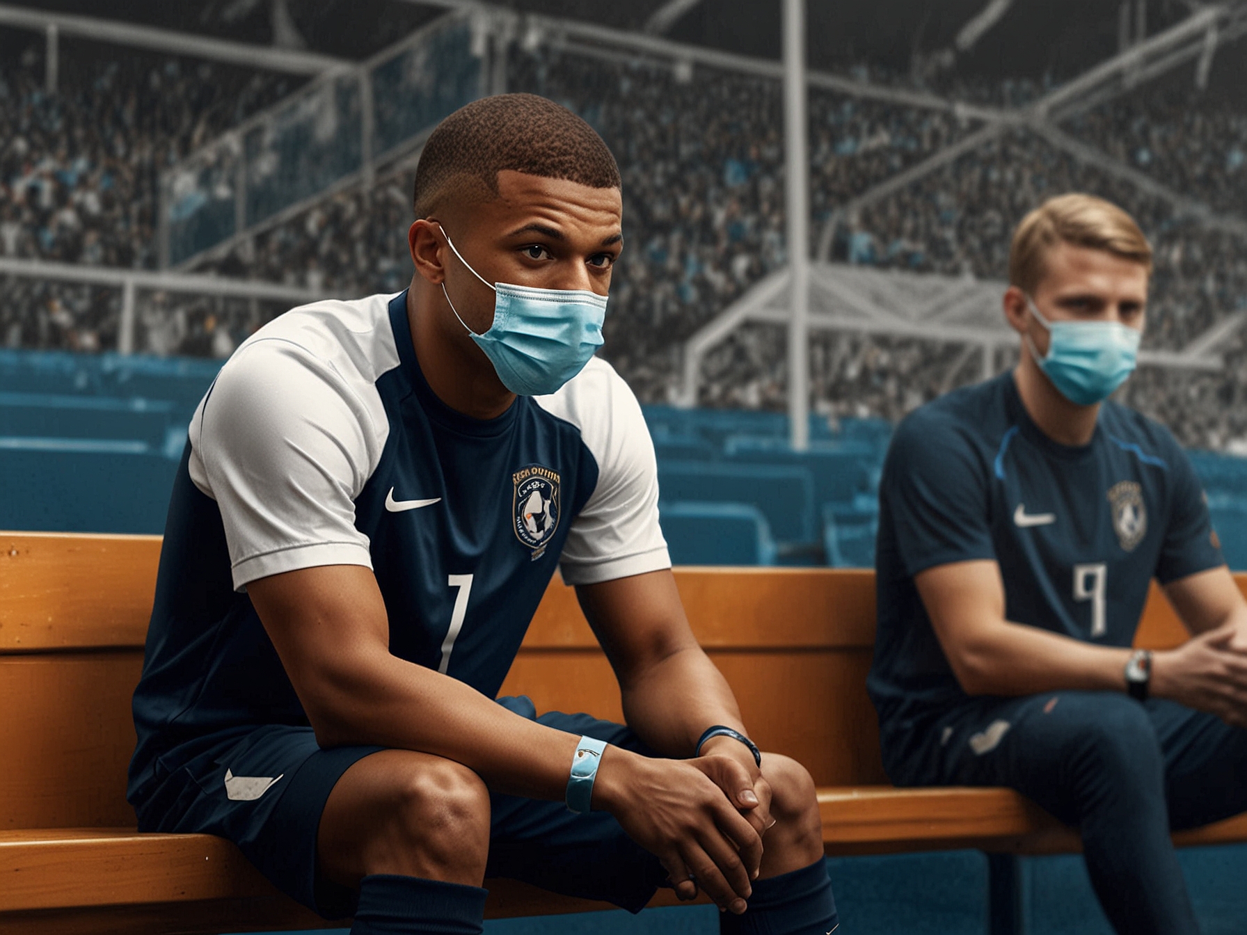 Kylian Mbappe sitting on the bench wearing his new advanced protective mask, blending sports science and technology, while supporting his teammates during the Euro 2024 match against the Netherlands.