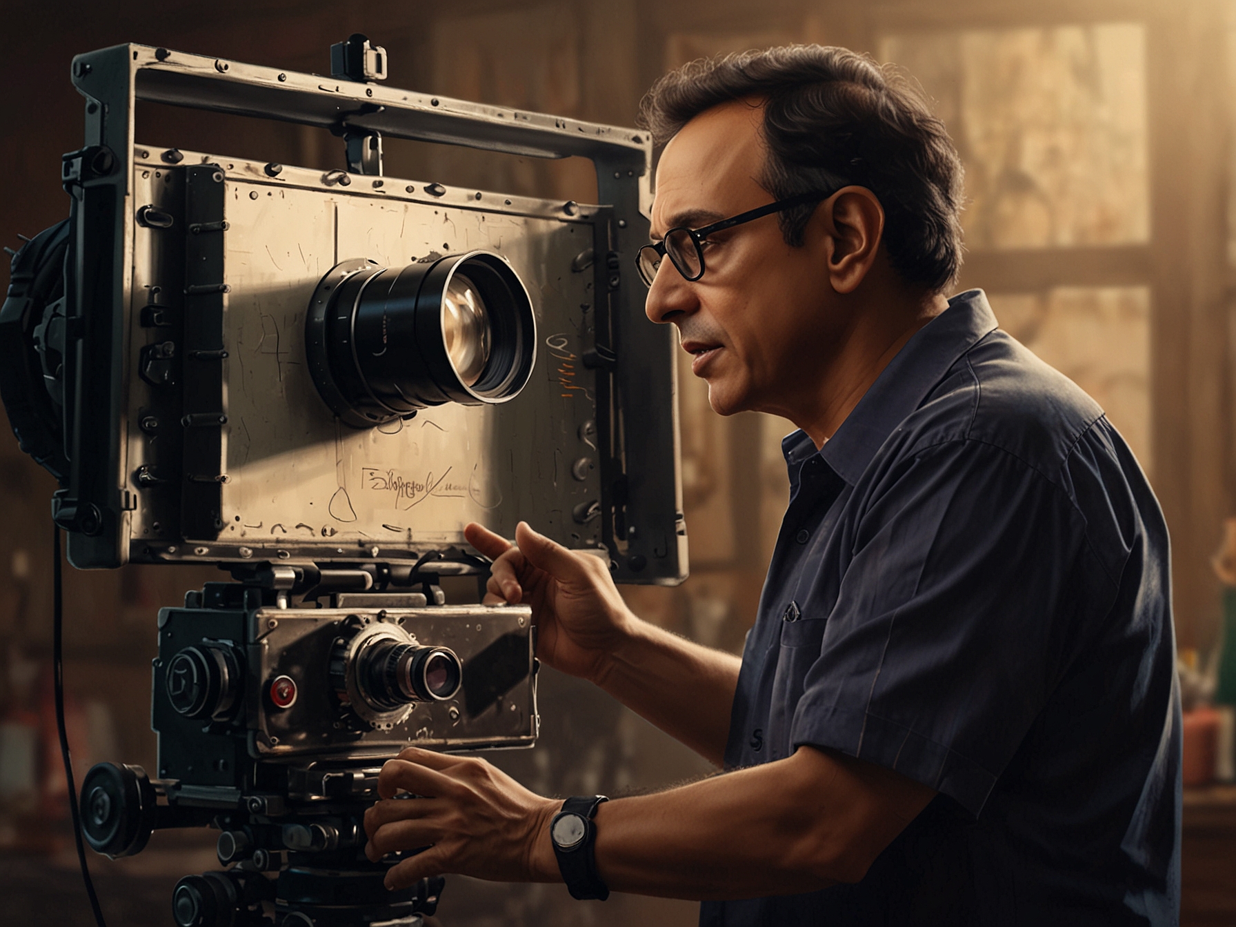 Image of Vidhu Vinod Chopra directing on set, showcasing his meticulous nature and high standards. This visual represents his dedication to the filmmaking process and attention to detail.