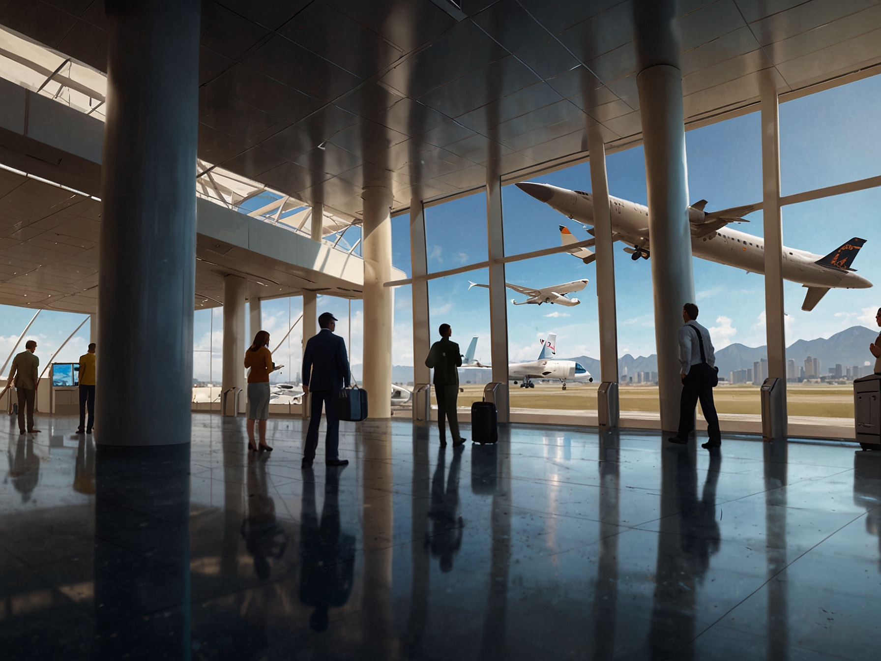 An image depicting the on-foot gameplay feature in Microsoft Flight Simulator 2024, where a player is exploring an airport terminal and conducting a pre-flight inspection of the aircraft.