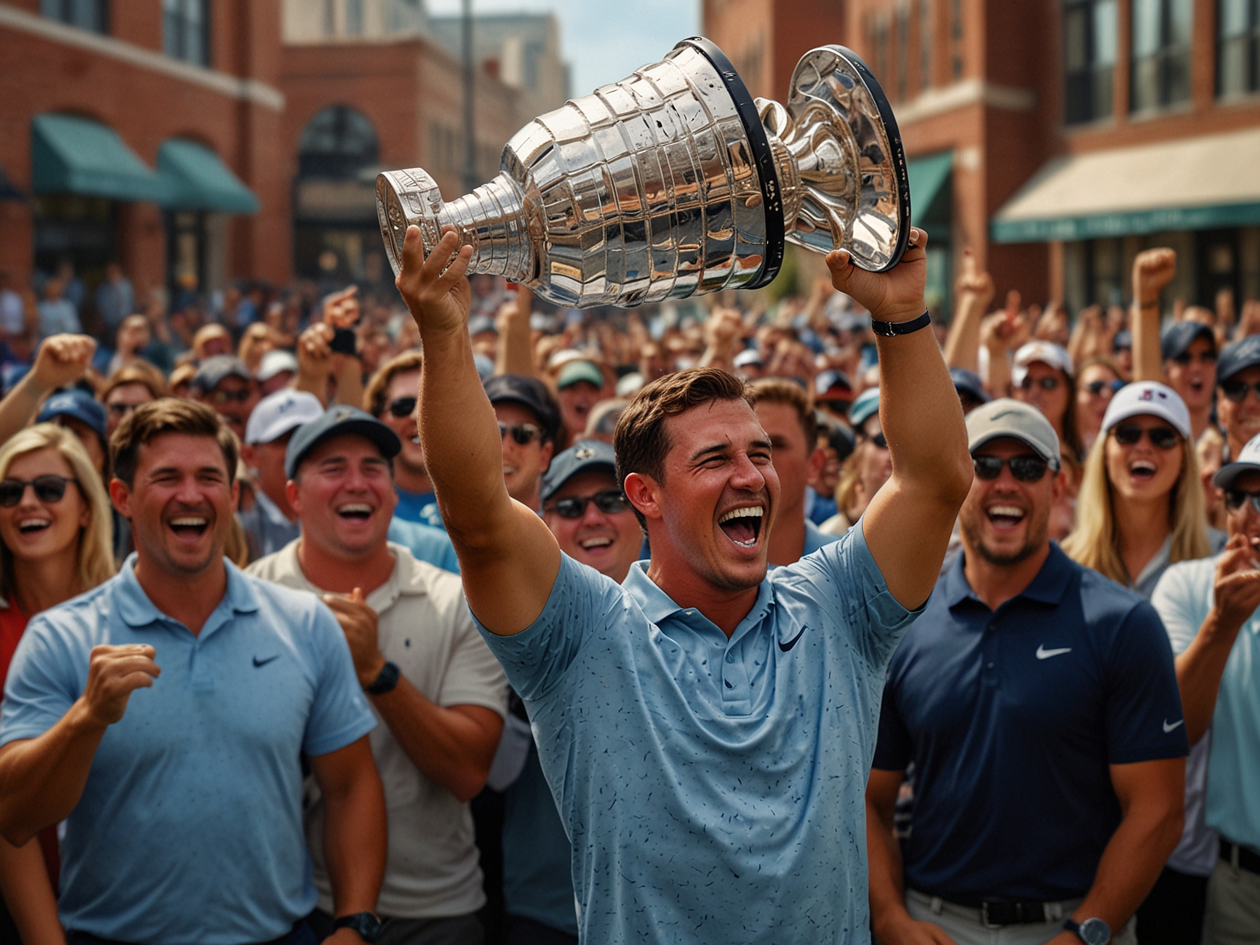 Brooks Koepka, in high spirits, hoisting the Stanley Cup amidst a crowd of jubilant fans, showcasing his elation and the sweeping excitement of the historic win.