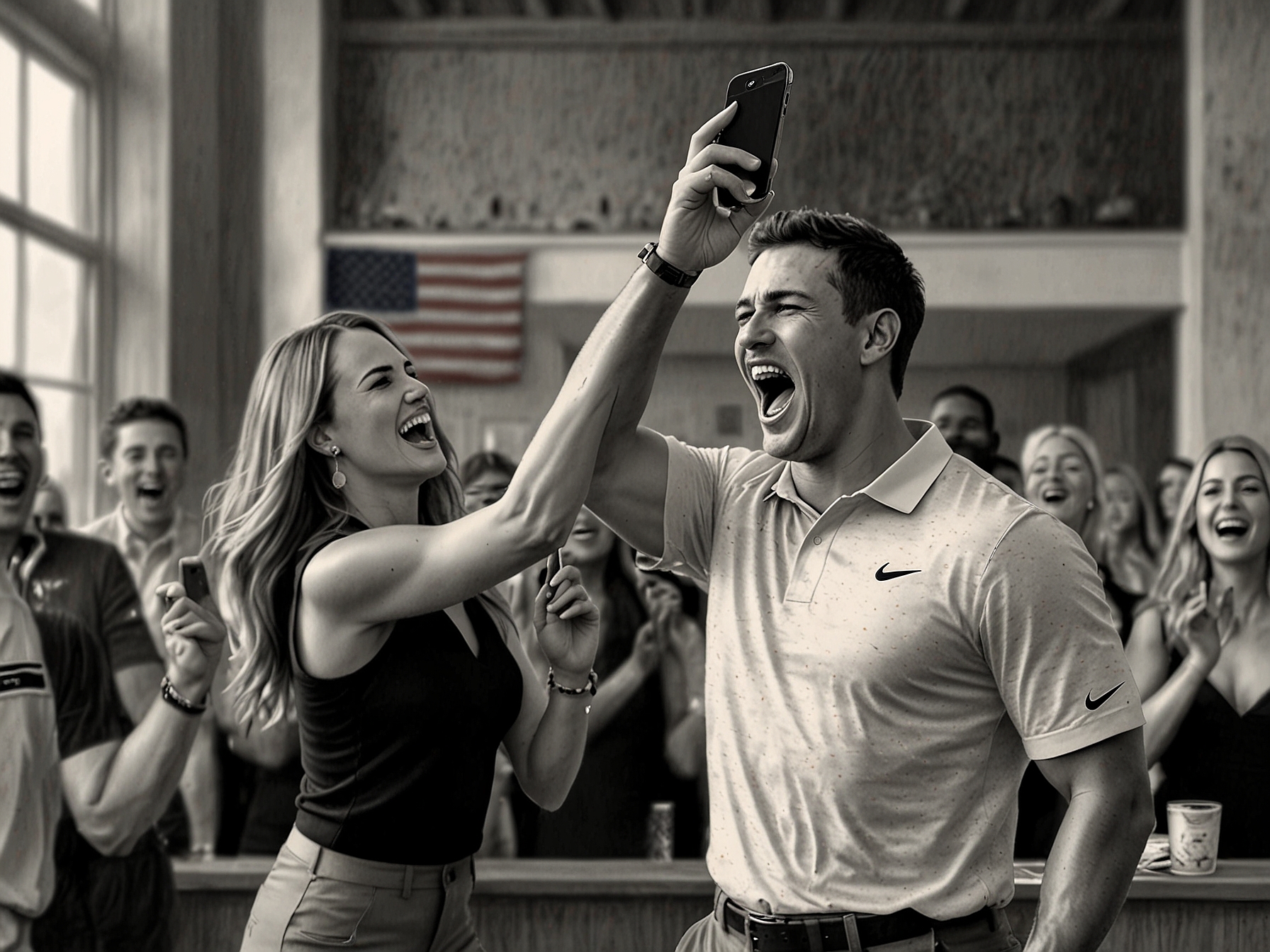 Jena Sims capturing the rowdy celebration on her phone, with Brooks Koepka dancing and singing along to victory anthems, reflecting their exuberant celebration.