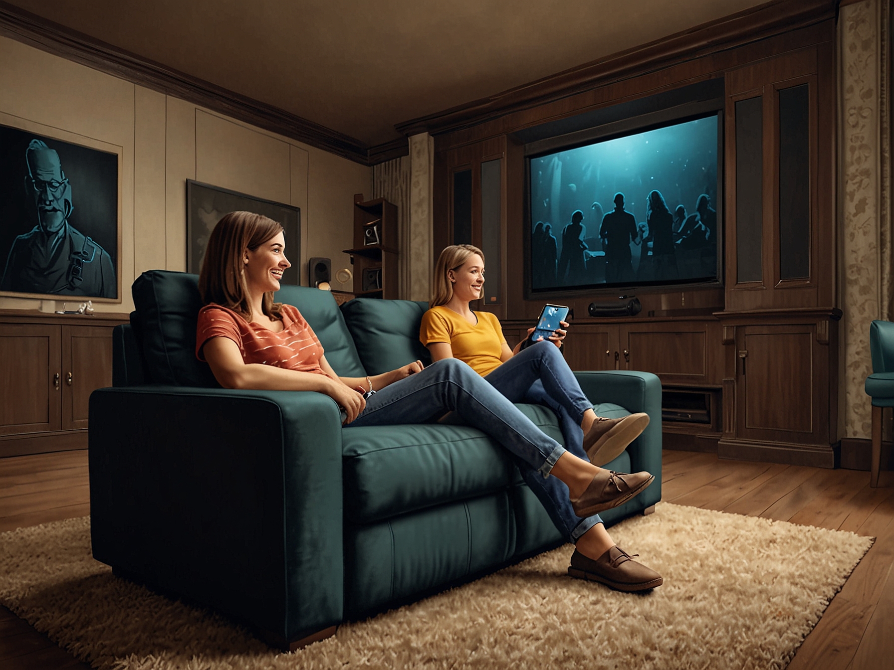 A family enjoying a high-quality home theater setup, illustrating the growing demand for enhanced home entertainment experiences driven by rising disposable incomes.