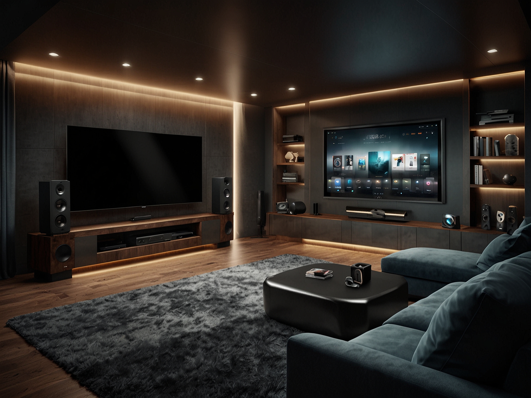 A modern home theater system integrated with smart home devices, highlighting the trend towards smart home ecosystems and customized audio-visual solutions.
