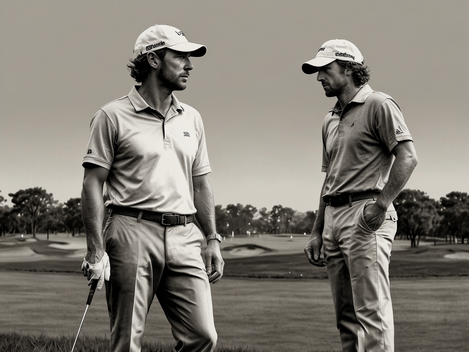 Joost Luiten and Darius Van Driel, dressed in golfing attire, standing dejectedly on a golf course, symbolizing their disappointment over missing the Paris Olympics due to strict selection criteria.