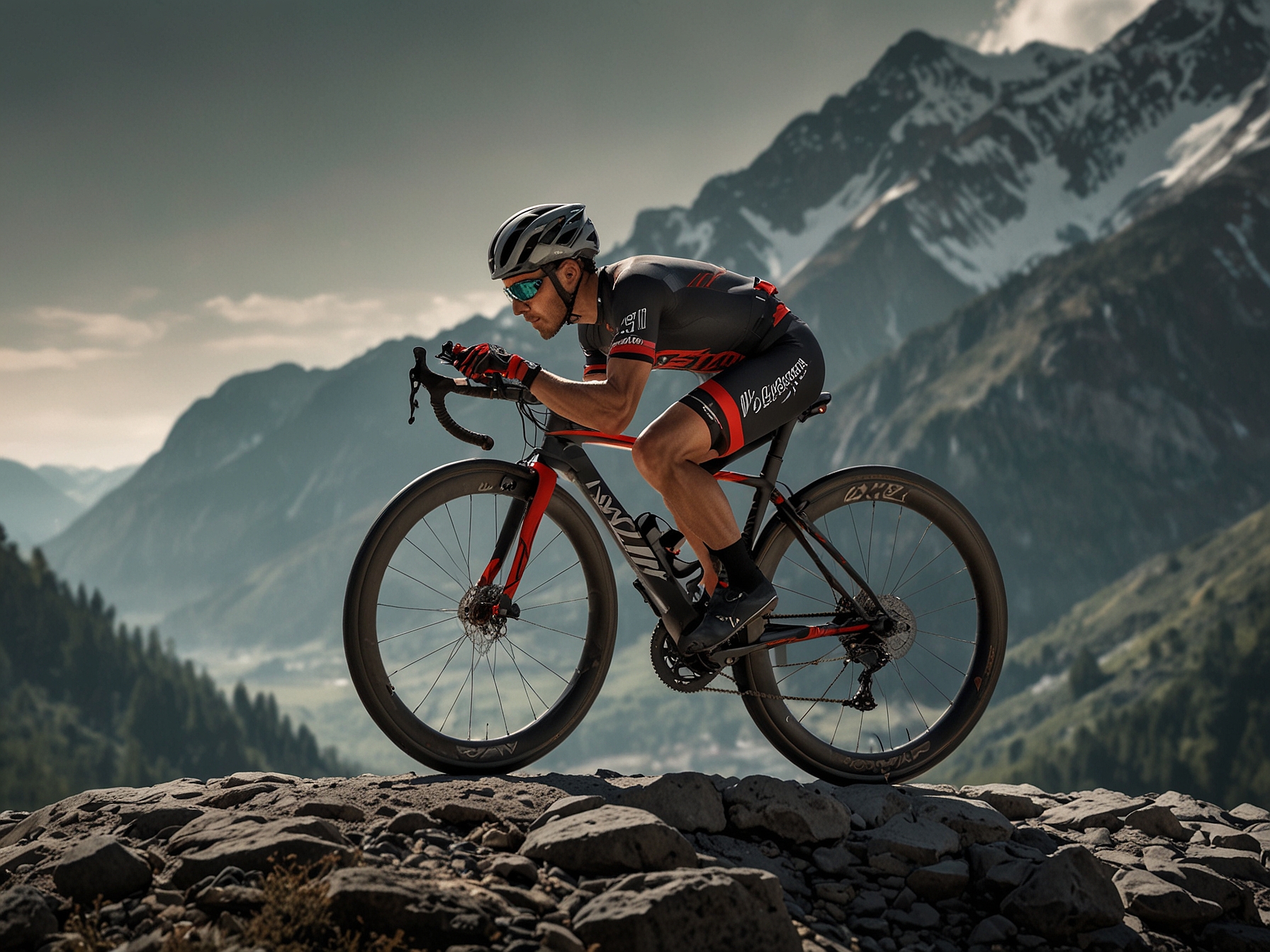 The Wilier Verticale SLR showcased against a mountain backdrop, highlighting its sleek carbon fiber design and minimalist aesthetic, perfect for climbing enthusiasts.