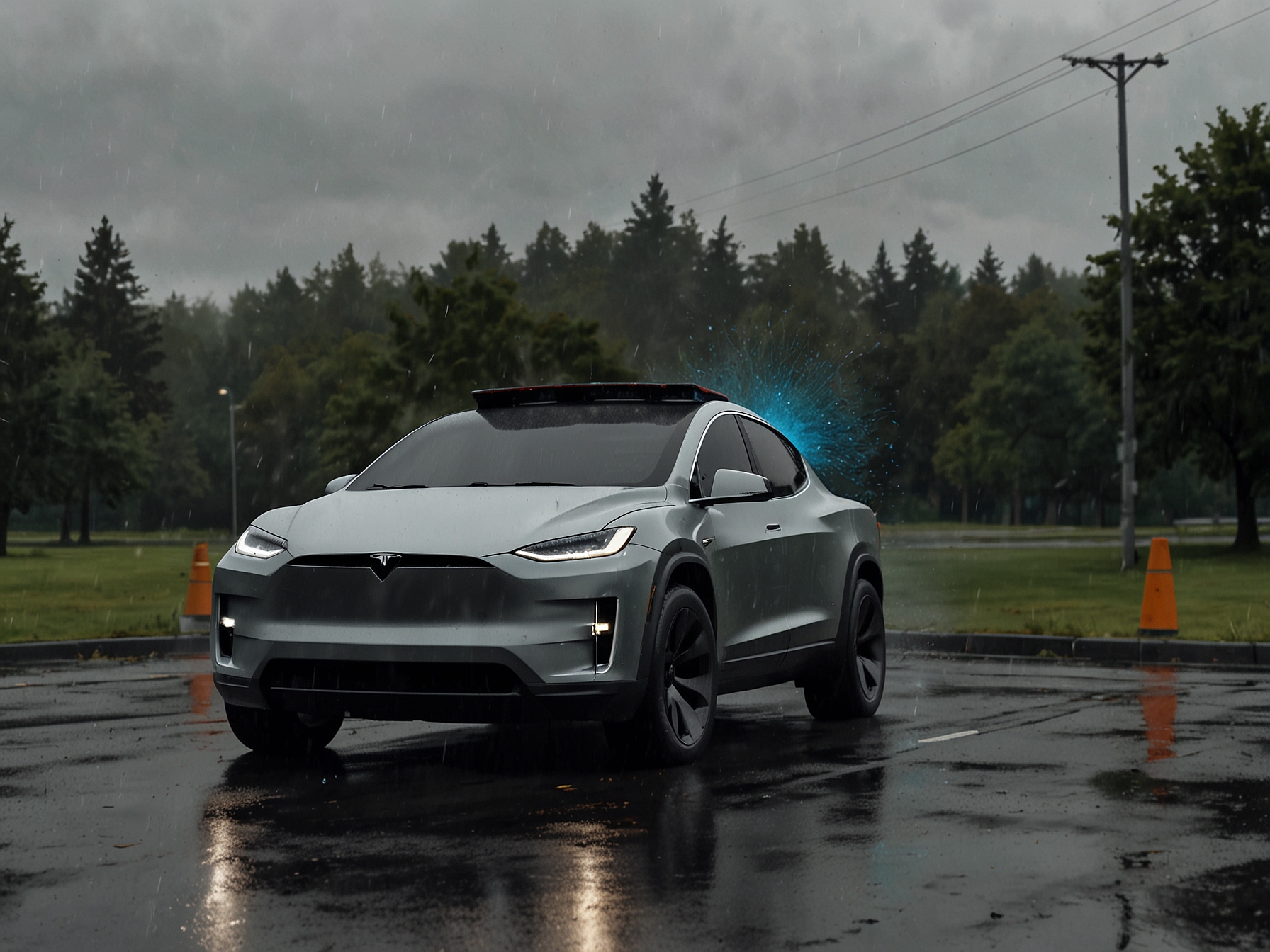 A visual of the Tesla Cybertruck on a rainy day, demonstrating the importance of functional windshield wipers for driver visibility and road safety, which are currently under recall.