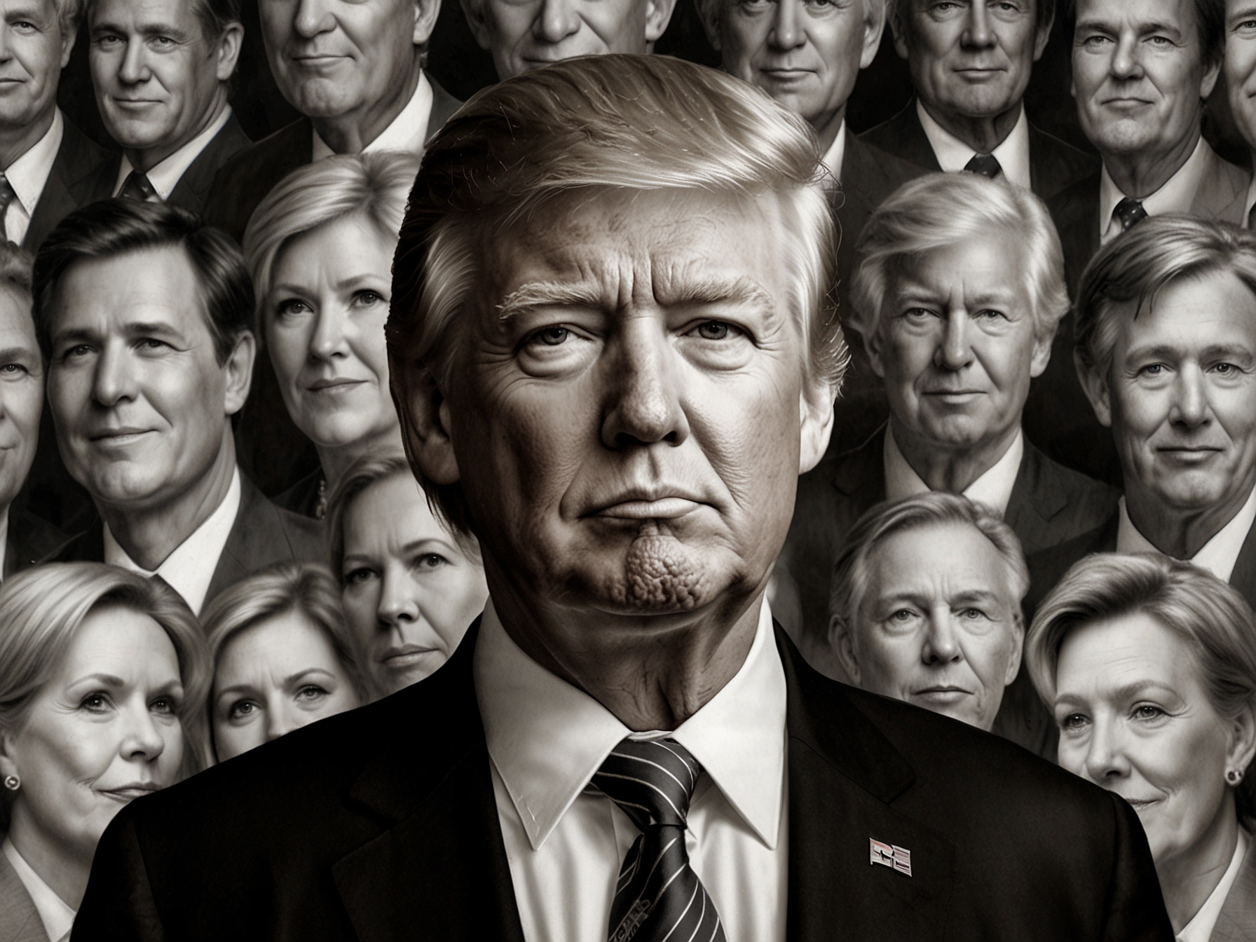 An illustration of former President Donald Trump with a backdrop of various Republican candidates, emphasizing the mixed success of Trump-endorsed candidates in South Carolina and Colorado primaries.