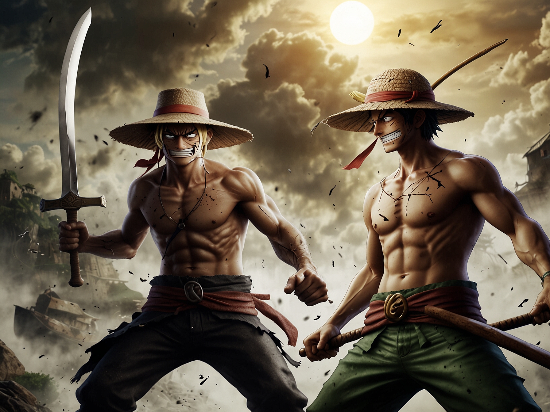 As Luffy and the Gorosei clash, Zoro engages in a fierce duel with an opponent wielding a cursed sword, while Sanji uses his Raid Suit in sky-bound combat. The action-packed scenes showcase the diverse fighting styles of the Straw Hat Pirates.