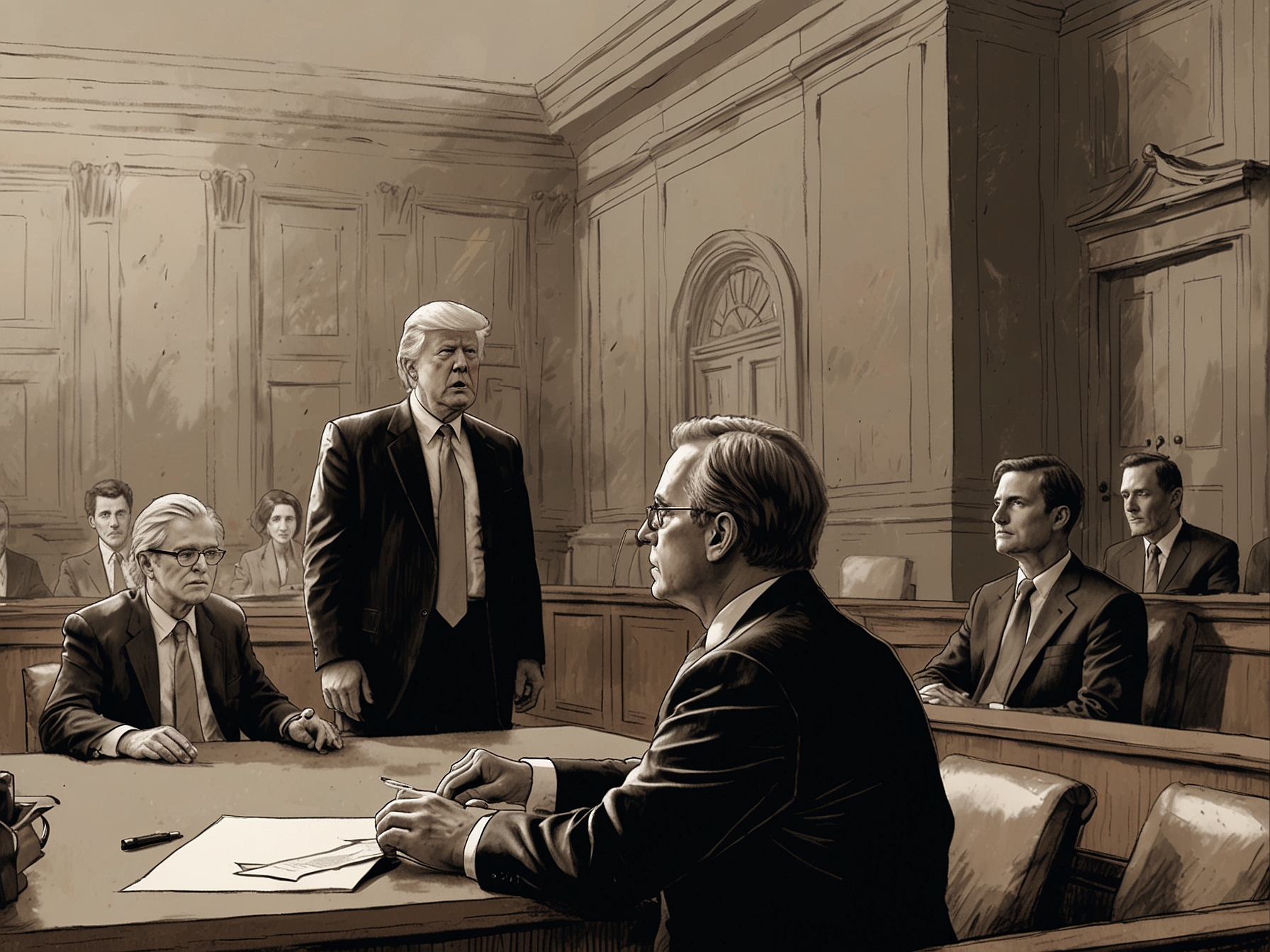 A courtroom scene depicting lawyers debating a gag order, reflecting the legal battle between protecting judicial integrity and upholding free speech for high-profile individuals like Trump.