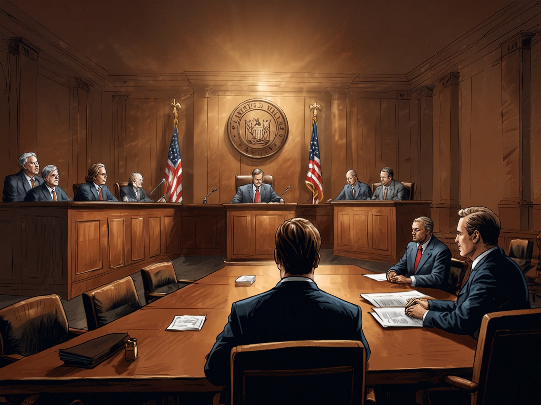 A courtroom scene with lawyers making their closing arguments, representing the plaintiffs and the NFL. The backdrop shows a projection highlighting the key points of the case.