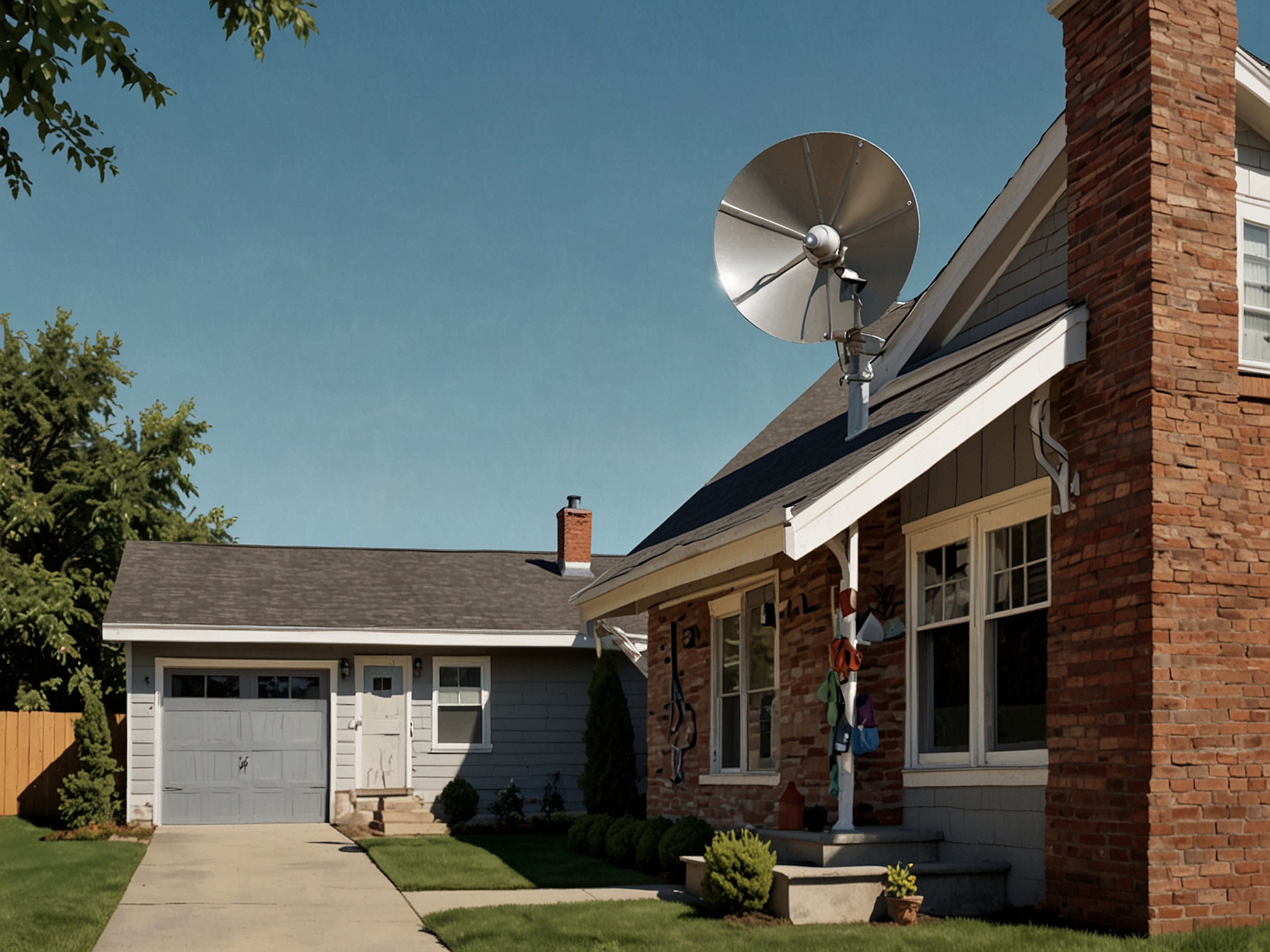 A DirecTV dish on a suburban house, symbolizing the exclusivity of the 'Sunday Ticket' package. Additional graphics illustrate the financial burden and market limitations discussed in the lawsuit.