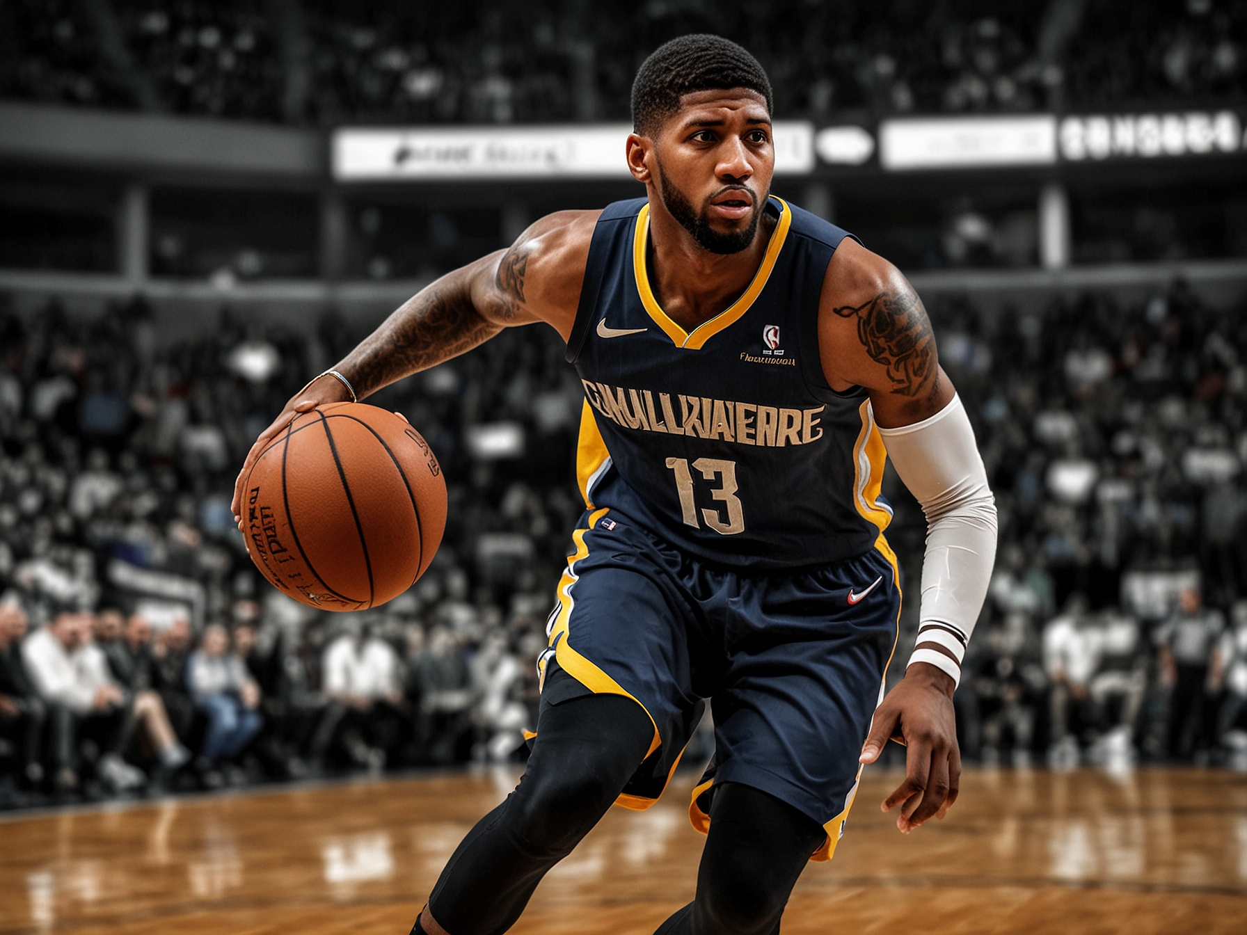 An image of Paul George in action on the basketball court, symbolizing his versatile talent and the anticipation surrounding his free agency decision this NBA offseason.