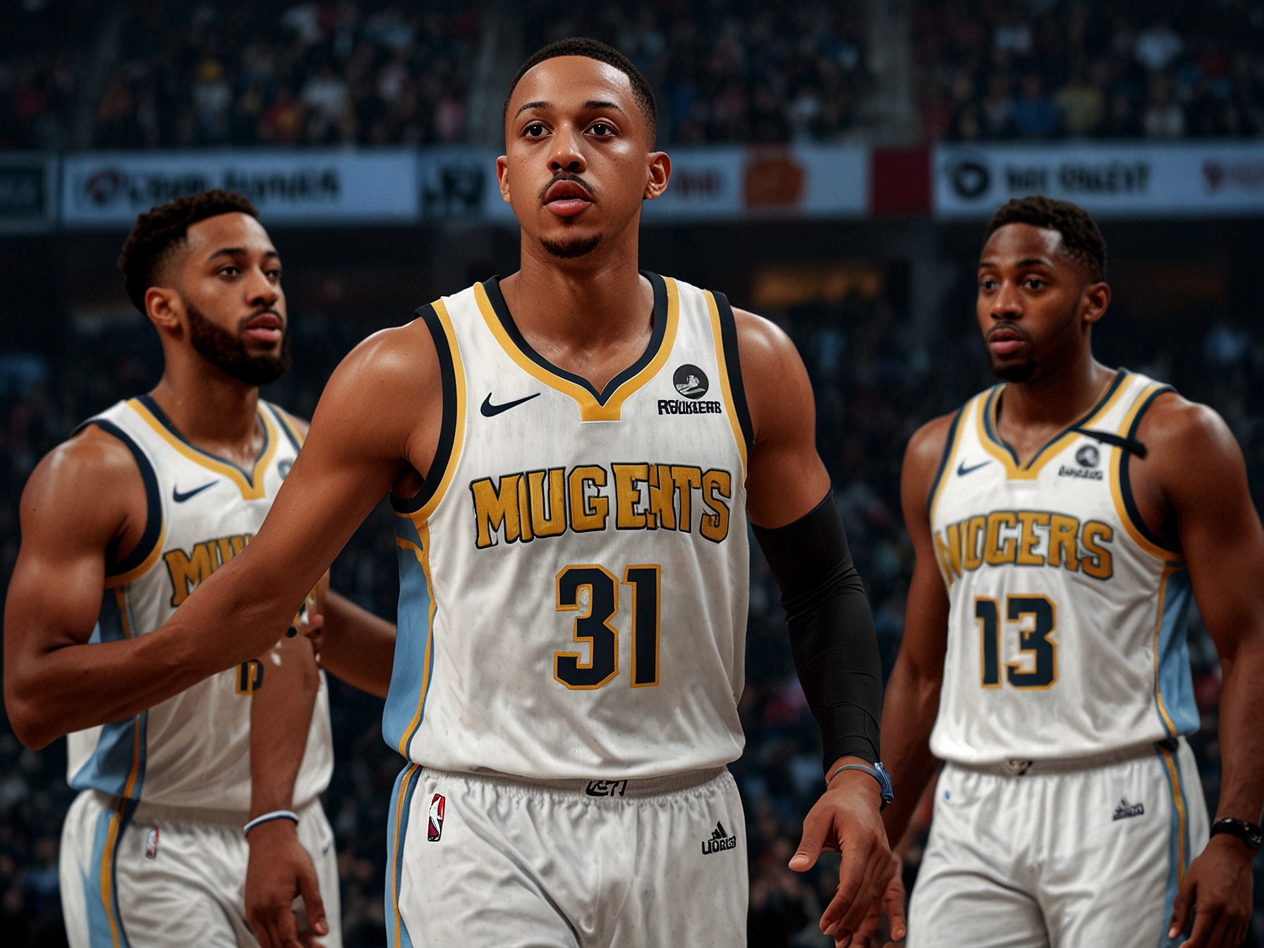 An illustration of CJ McCollum and the Denver Nuggets team, highlighting McCollum's unexpected endorsement and showcasing the potential new dynamics if George joins the Nuggets.