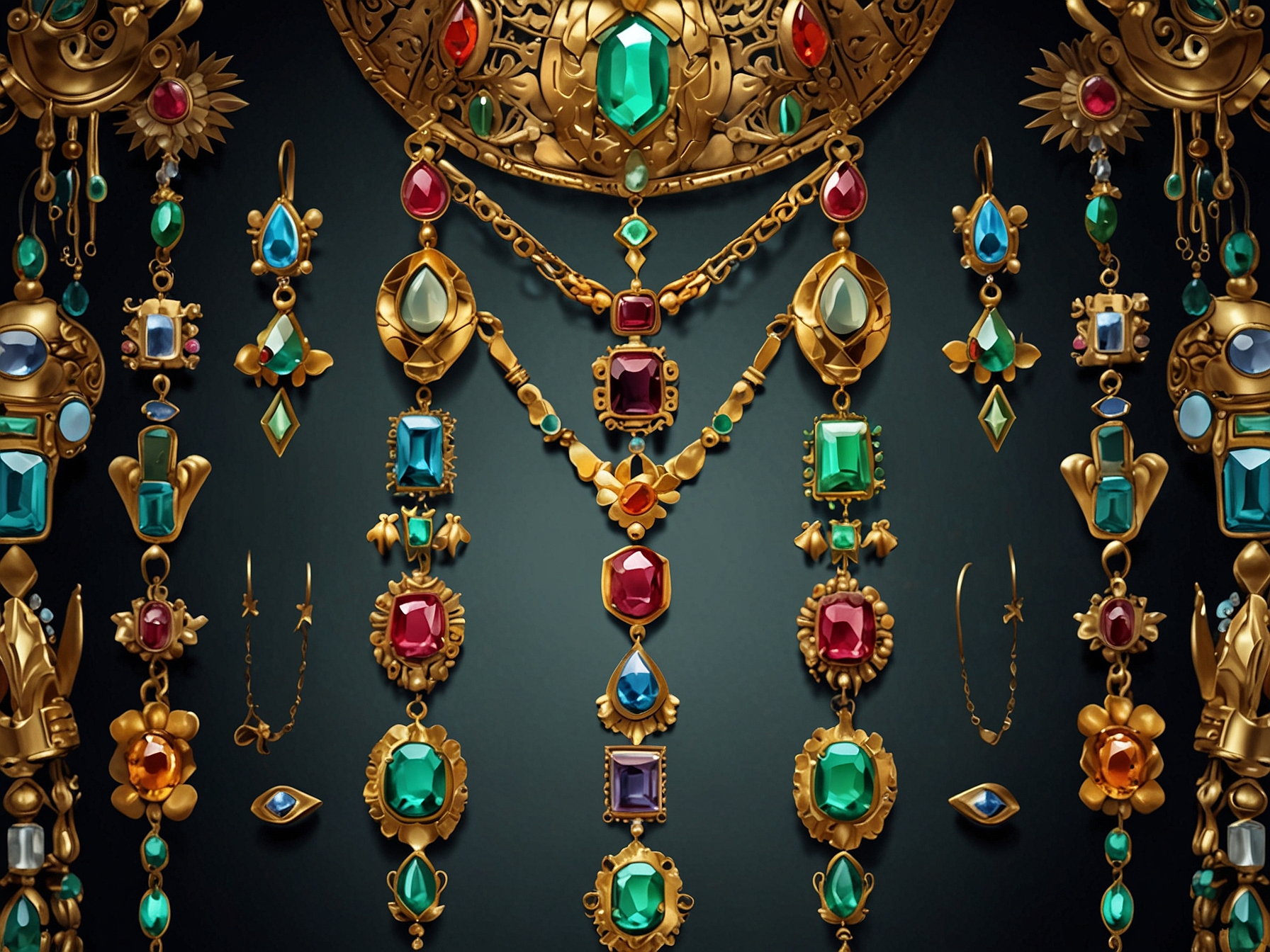 A stunning display featuring various bold and intricate jewelry pieces designed by Joyce Makitalo, showcasing her fusion of gemstones, brass, and gold inspired by ancient cultures and alchemy.