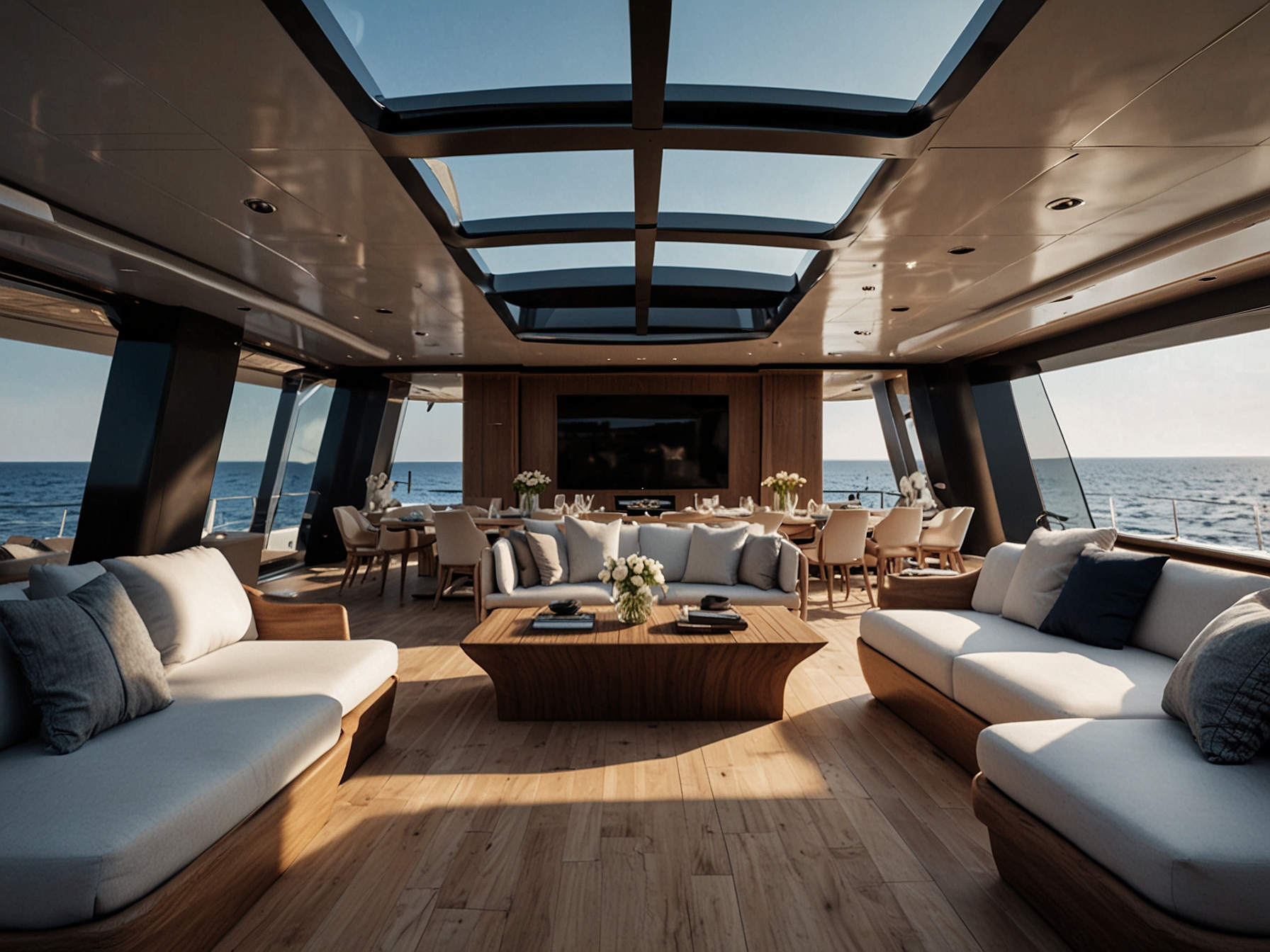 The exterior of the CLX99 Superyacht displays its elegant lines and state-of-the-art materials, capturing expansive deck spaces perfect for socializing and sunbathing.