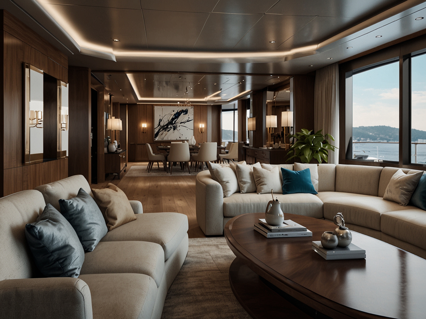 Inside the CLX99 Superyacht, the main salon boasts plush furnishings, handcrafted woodwork, and panoramic windows, creating a luxurious and inviting atmosphere.