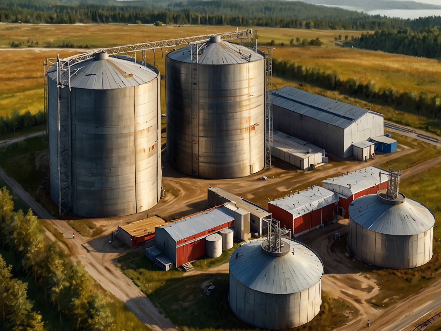 Aerial view of silos storing grain, representing Norway's initiative to build food reserves. The image highlights the importance of having sufficient storage facilities.