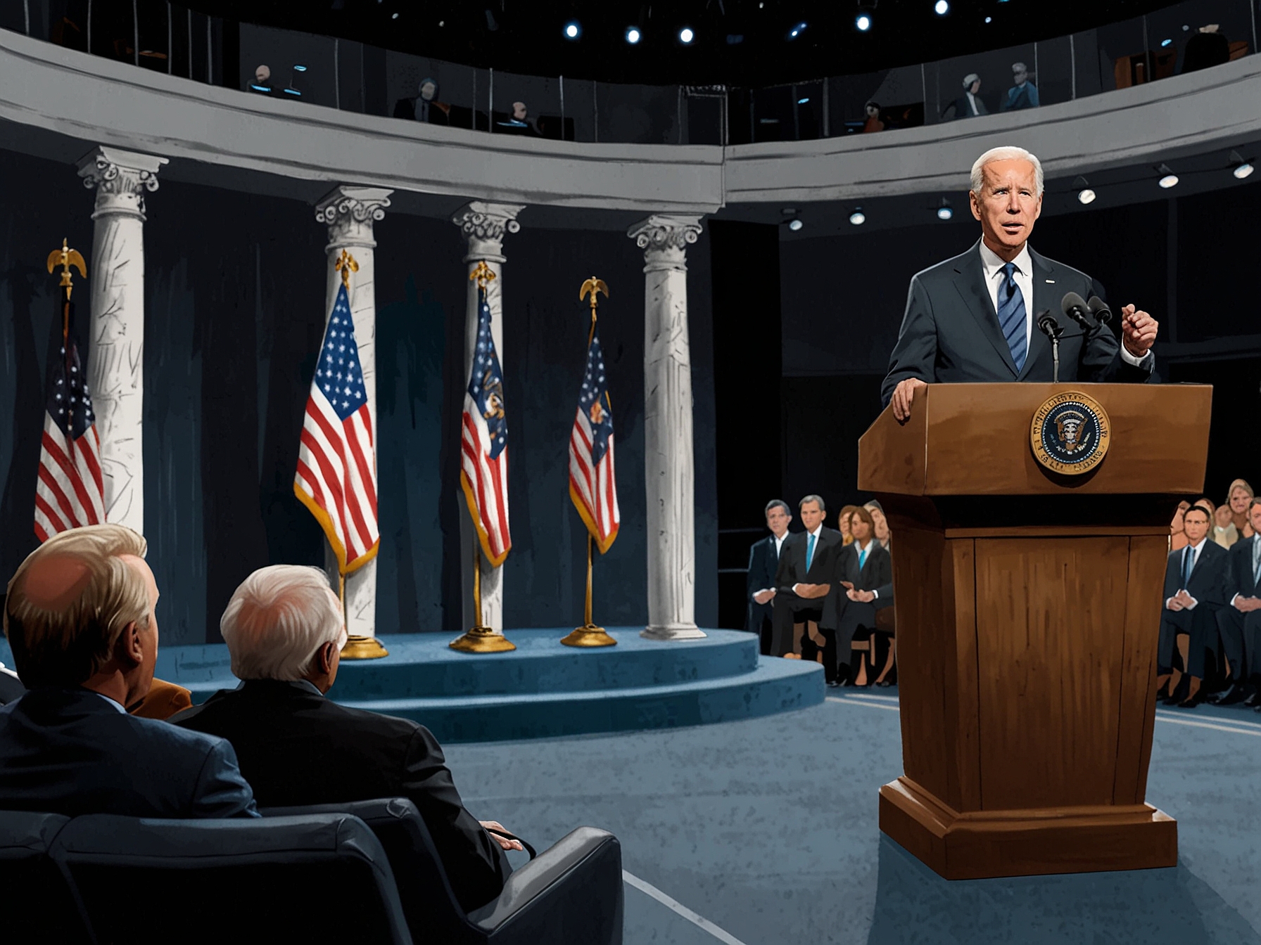 Illustration of the debate stage with Biden standing confidently, addressing the audience and Trump's empty podium symbolizing RFK Jr.'s absence, highlighting a focused confrontation.