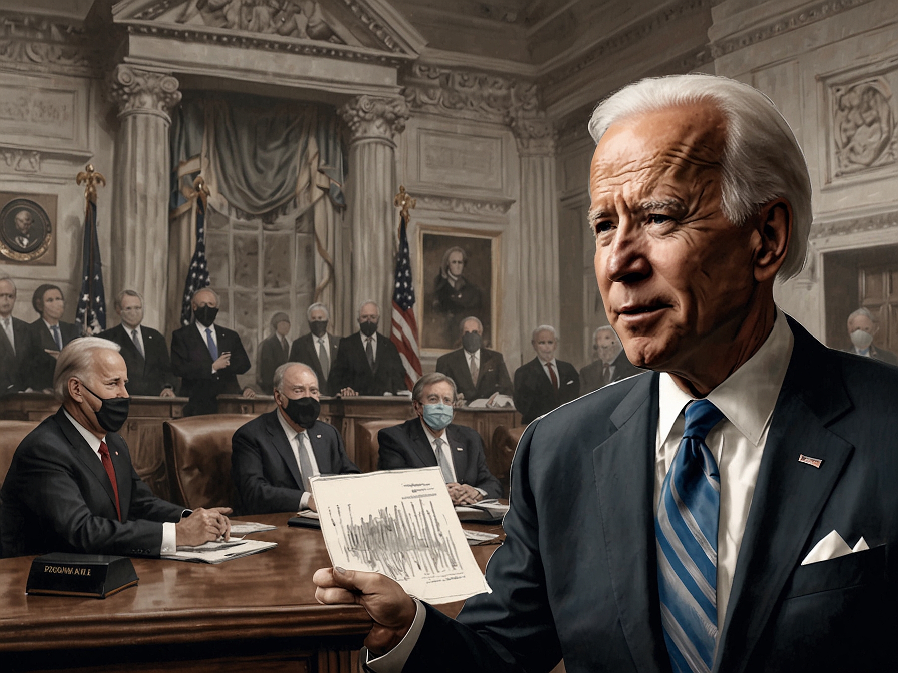 Visual of Biden emphasizing his administration's achievements, showcasing a backdrop of key moments like COVID-19 response, economic recovery, and international relations to underline his debate points.