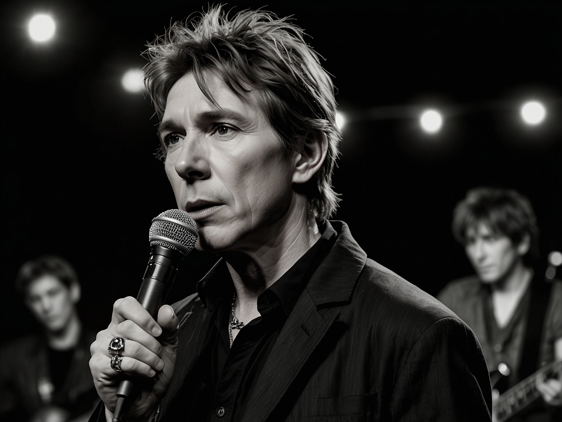 The Psychedelic Furs captivating the audience with Richard Butler's unique vocal delivery and the band's rich, layered sound during a live performance, evoking nostalgic vibes.