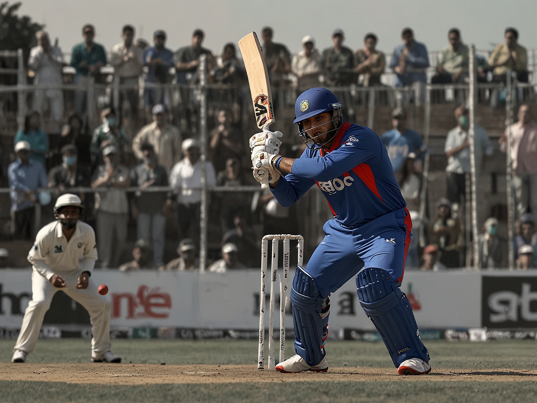 Afghan batsman, Mohammad Nabi, powerfully hitting a ball against a backdrop of enthusiastic fans, emphasizing Afghanistan's aggressive and fearless batting approach in high-stakes matches.