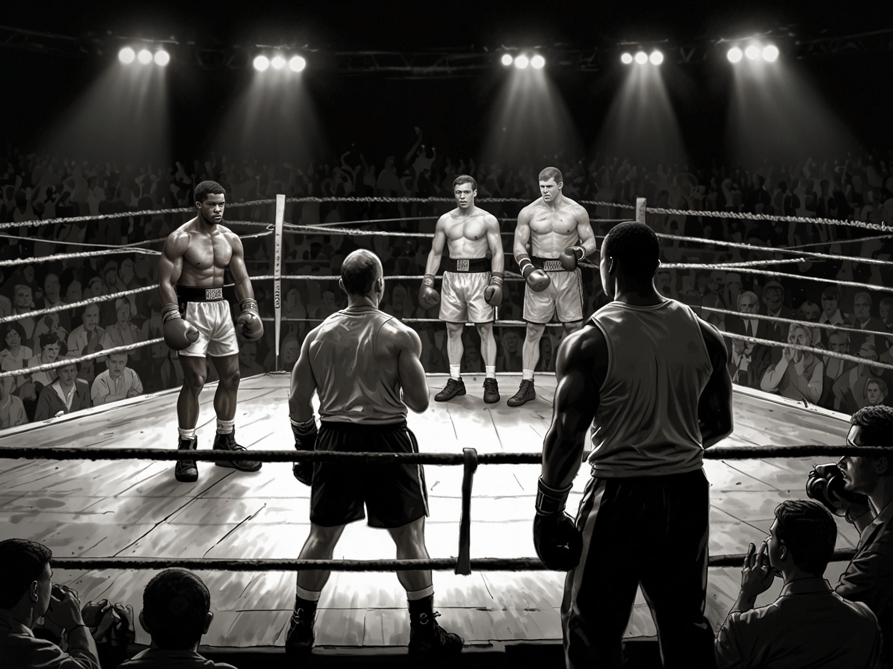 A boxing ring with judges and athletes, symbolizing the strict anti-doping regulations in sports and the complexities of enforcing penalties posthumously.