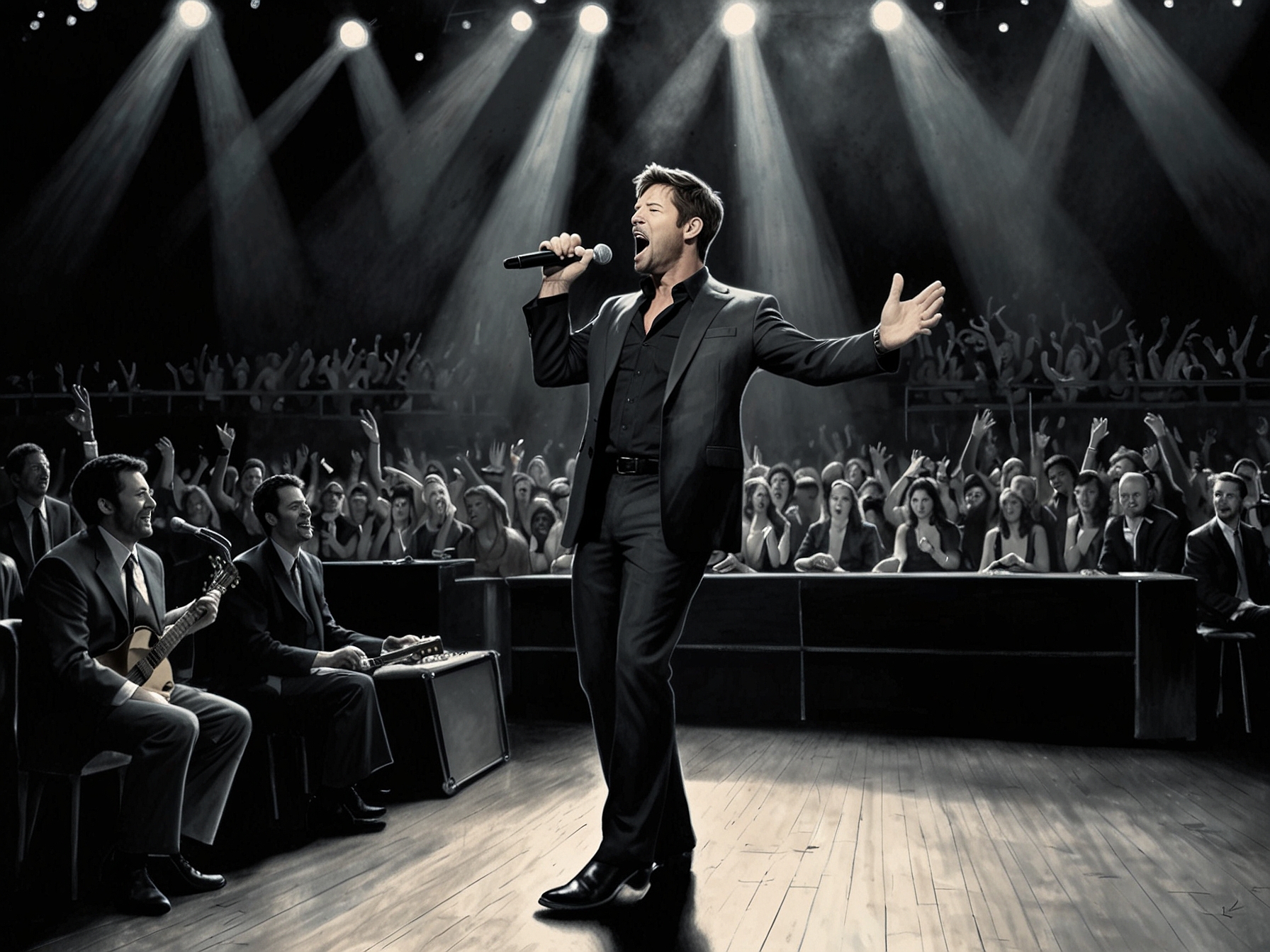 A scene featuring Harry Connick Jr. as an aging rock star performing on stage, capturing both his charisma and the nostalgia of his former glory days.