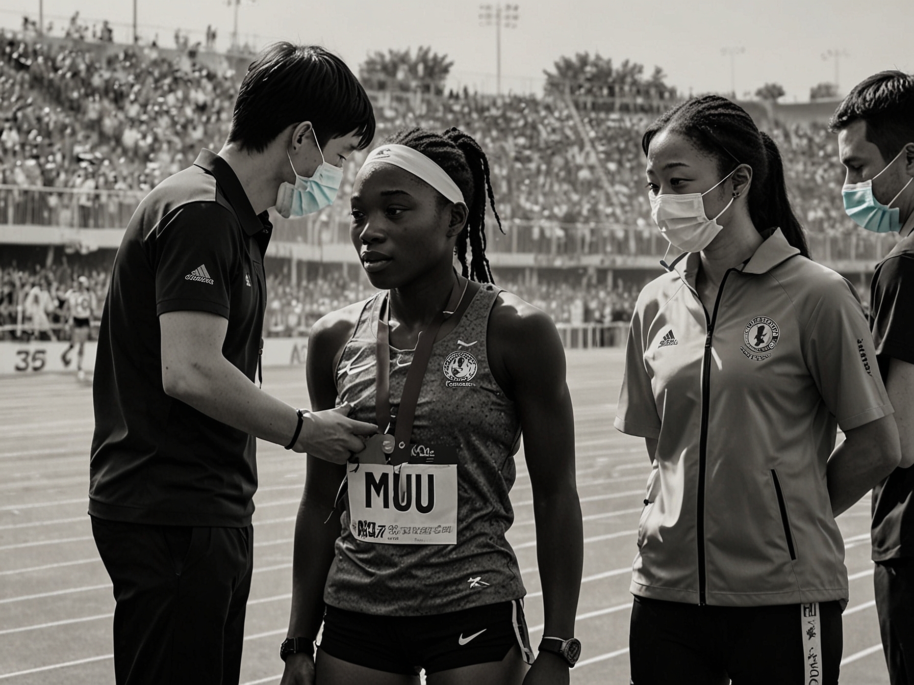 Athing Mu receives support from her coach and team after her fall in the 800-meter final. She shows immense resilience, with medical staff ensuring she is not severely injured.