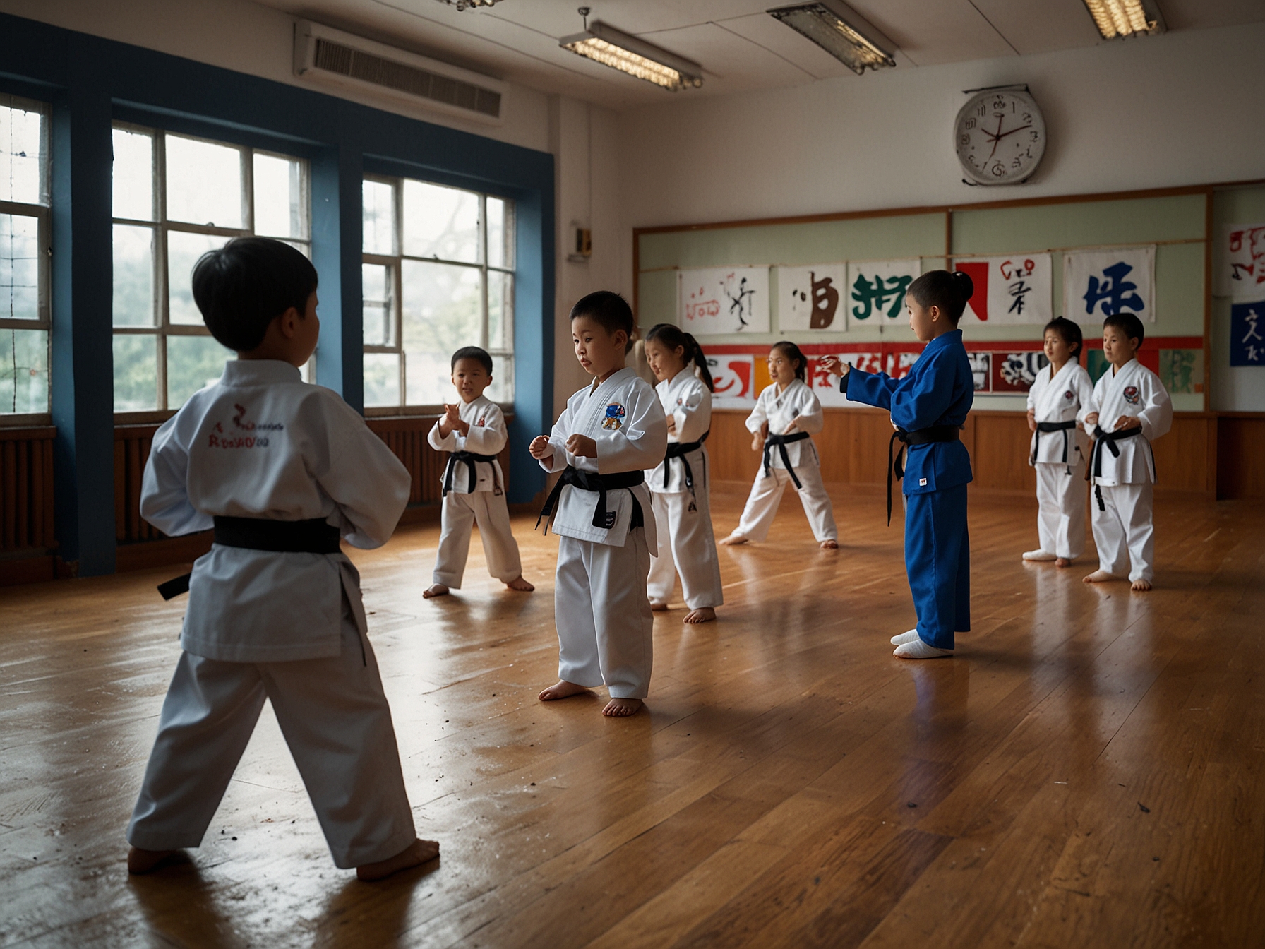 Young children participating in a fun and engaging taekwondo class at the Hong Kong Taekwondo Association. The scene highlights the disciplined yet enjoyable environment fostered by the black belt instructors.
