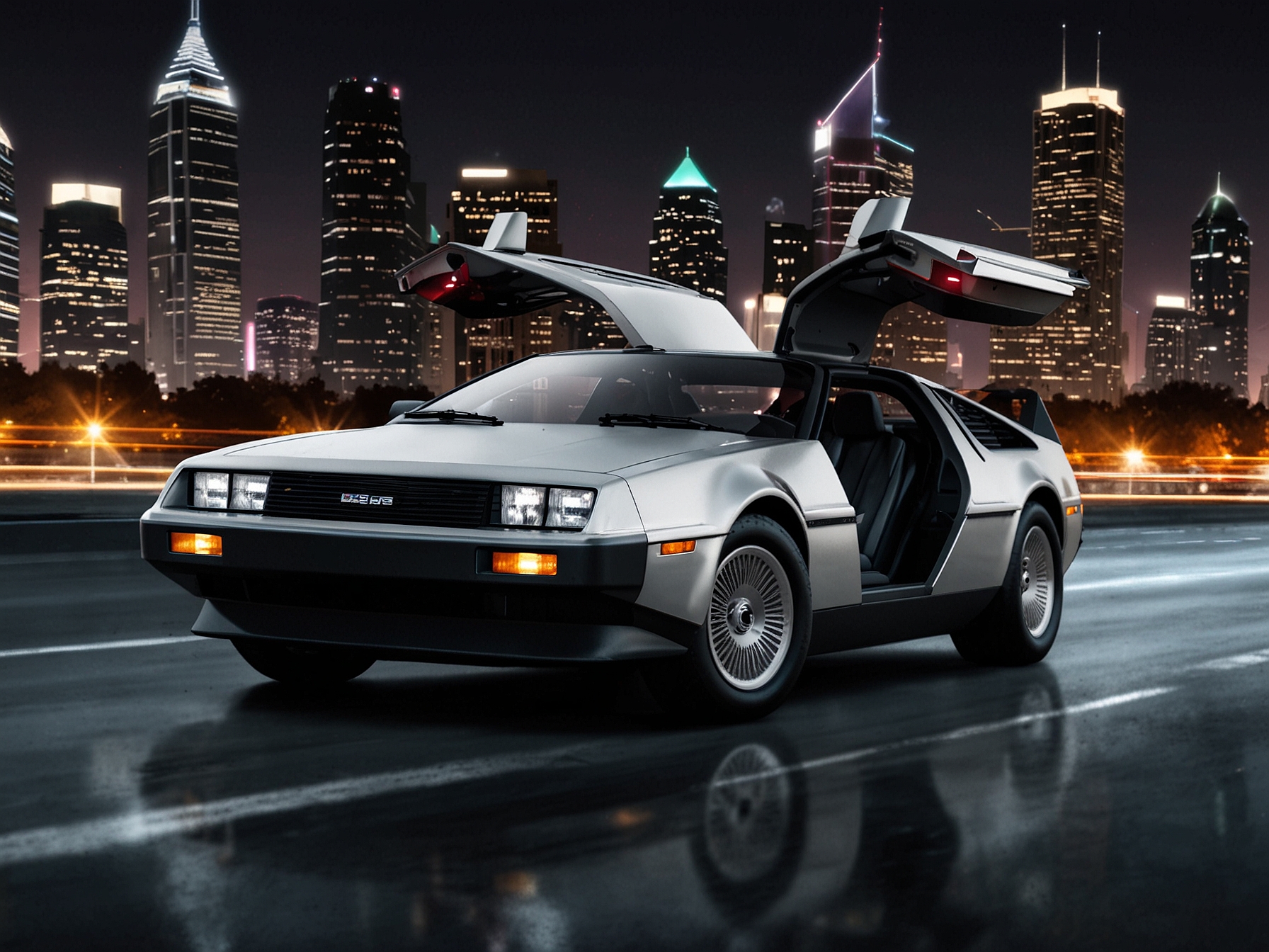 A sleek, futuristic DeLorean EV with its iconic gull-wing doors open, showcasing its aerodynamic design and stainless steel body under a vibrant, modern cityscape.