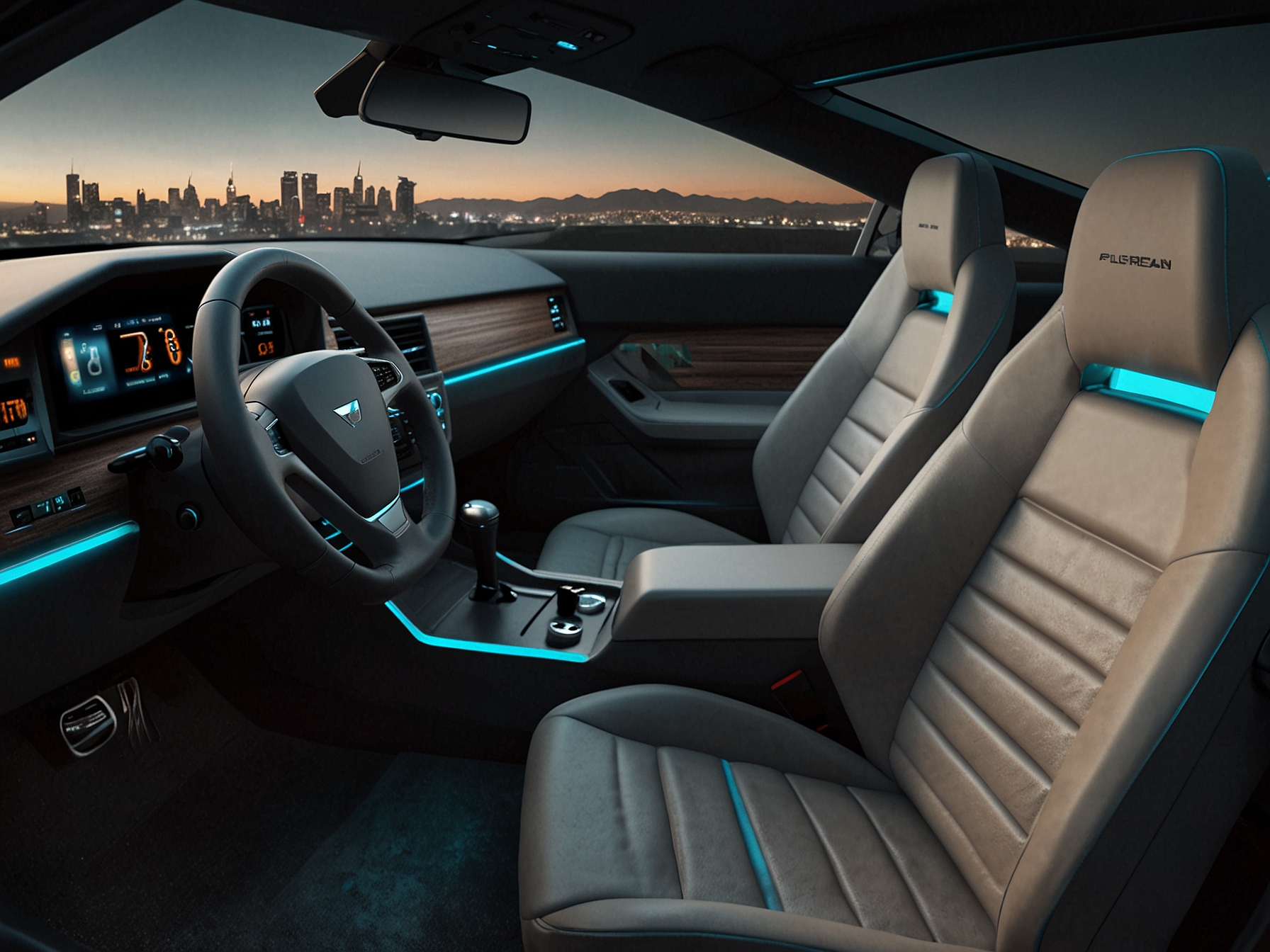 The interior of the new DeLorean EV, featuring advanced digital displays, state-of-the-art infotainment systems, and luxurious seating, blending classic design with modern technology.