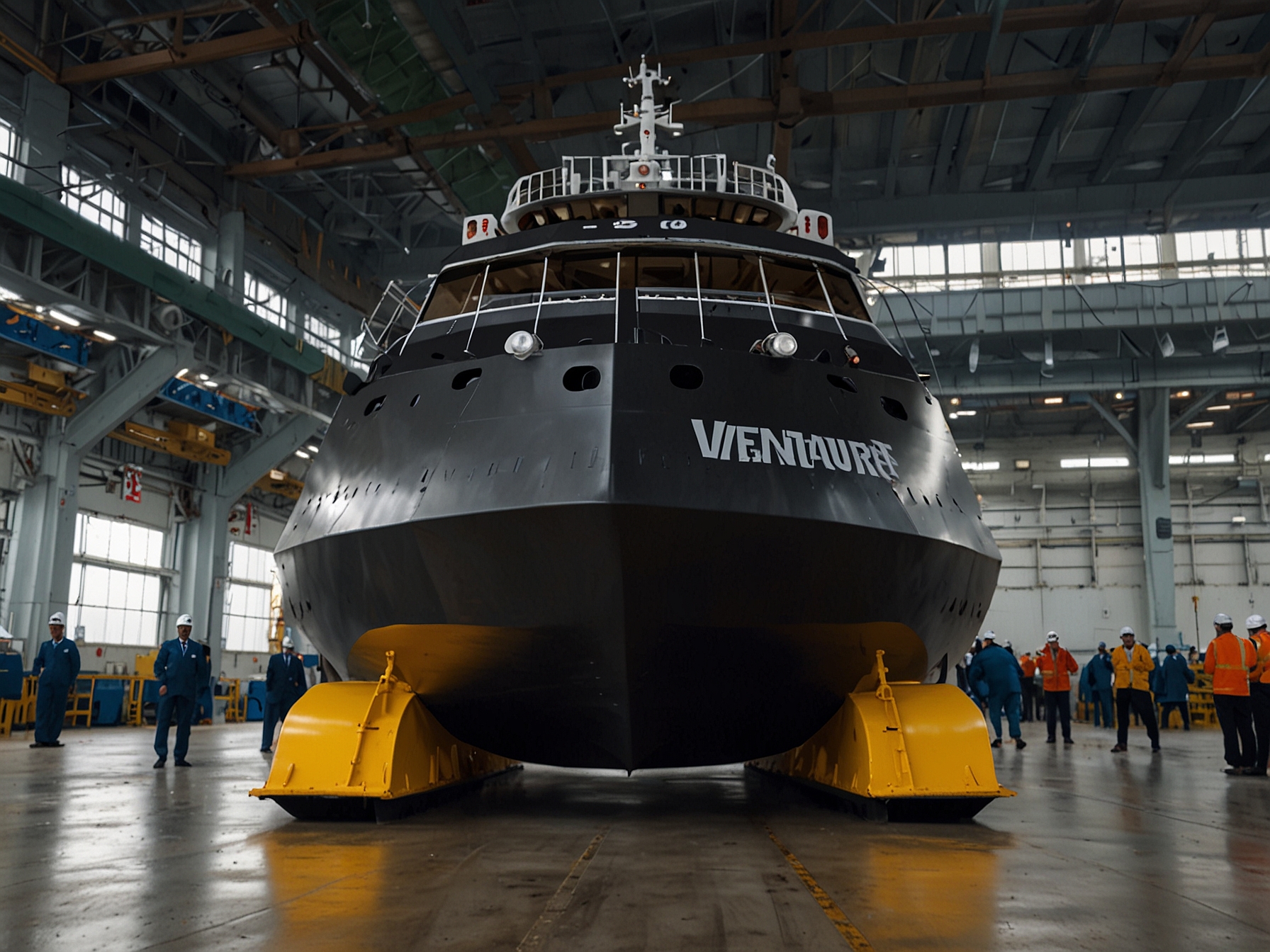 The Venture Gator at its grand launch ceremony at the Samsung Heavy Industries shipyard, showcasing its advanced design and technological features aimed at boosting fuel efficiency and reducing emissions.