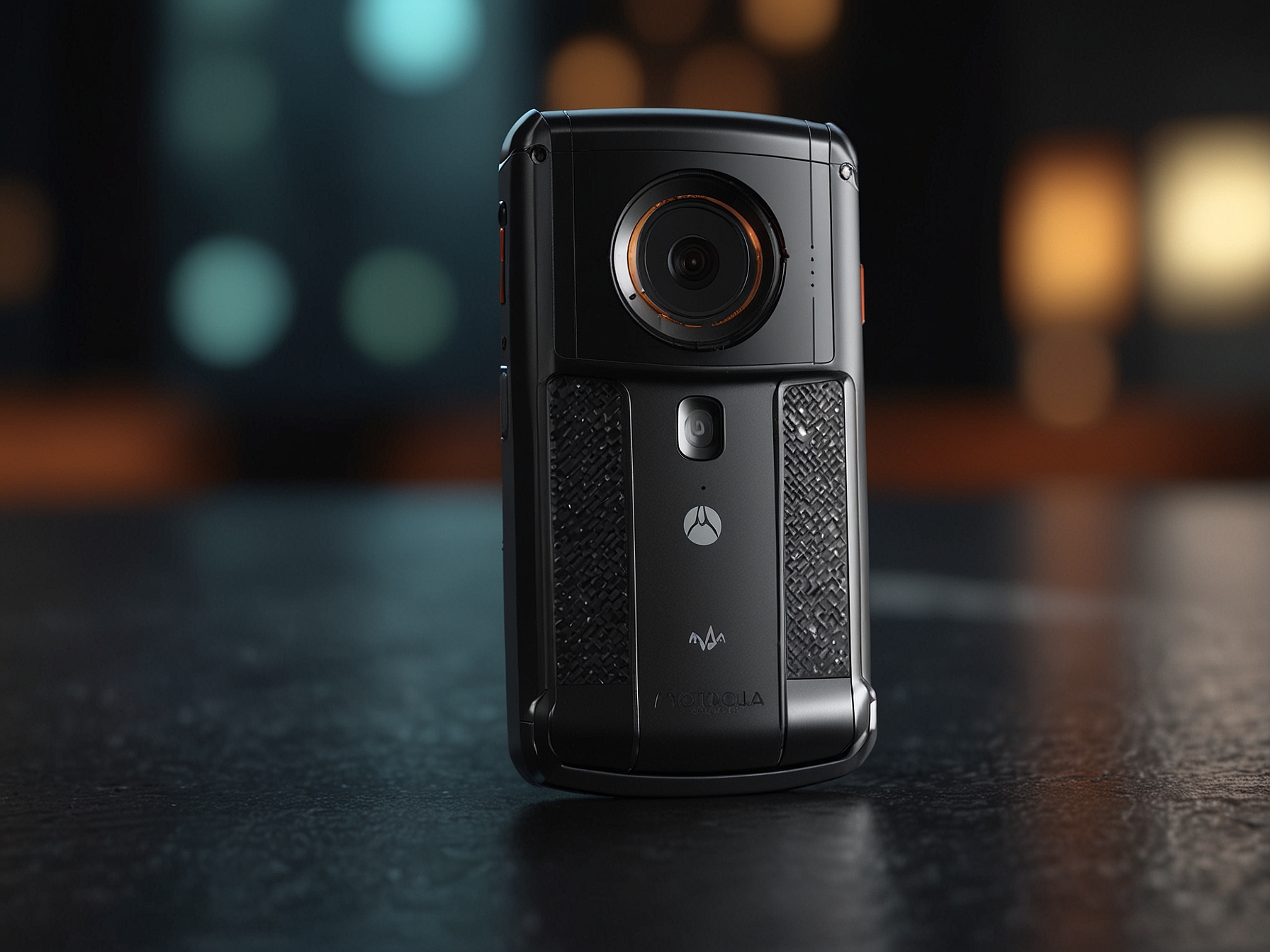 Close-up of the Motorola Razr Plus (2024) camera system, featuring the upgraded 64MP main sensor and 16MP ultra-wide lens. The image emphasizes the enhanced photographic capabilities.