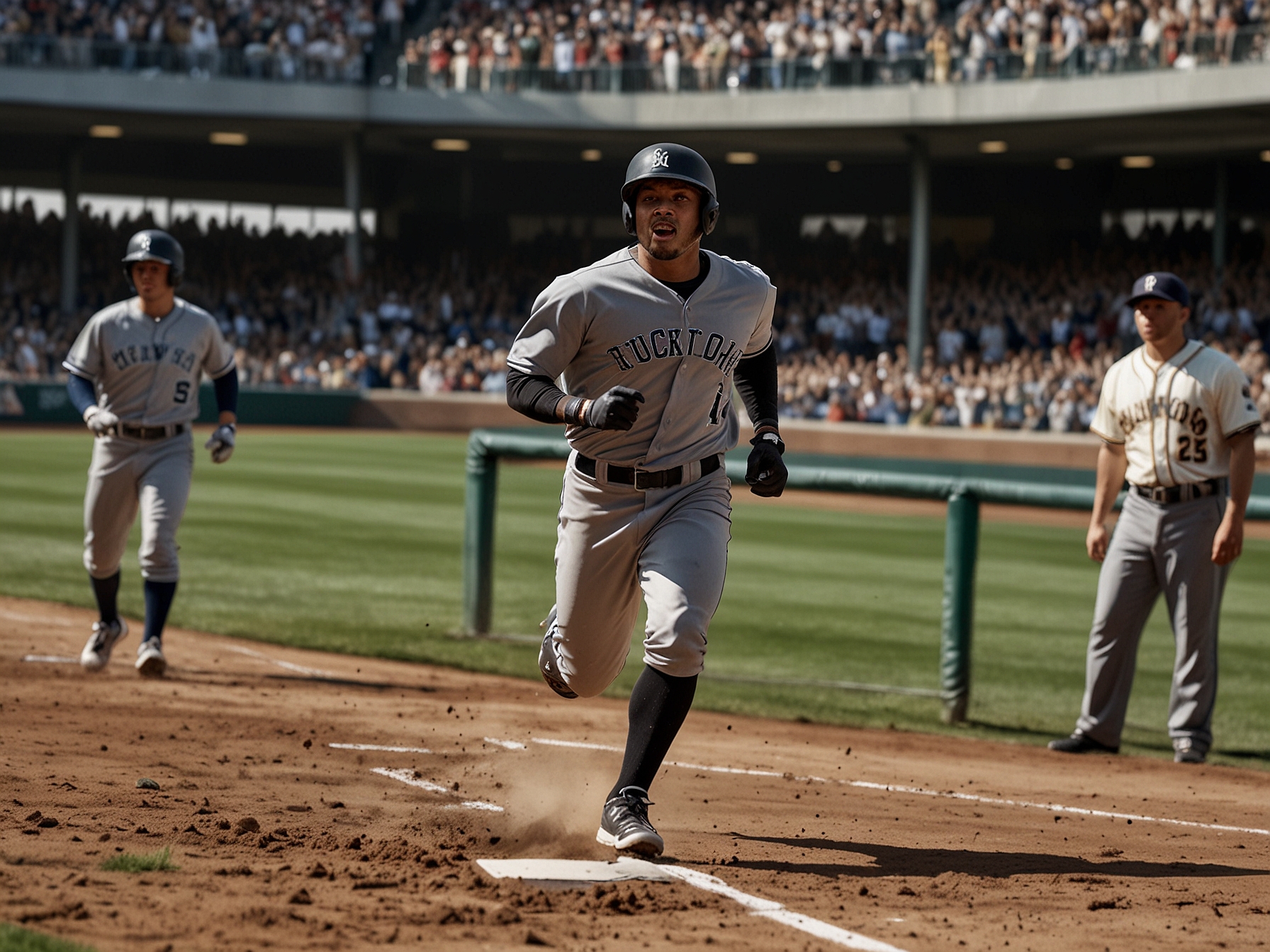 Image showing Jackson Chourio rounding third base in his inside-the-park home run, capturing the excitement and speed as he races to complete this rare feat while the crowd cheers.