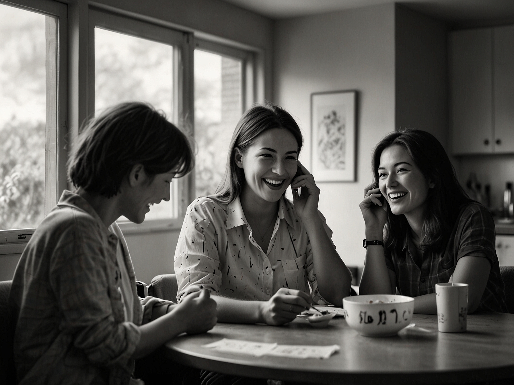 An anonymous woman on the phone with her family, smiling and animatedly sharing the good news of her lottery win during a lunch break that started as an ordinary workday.