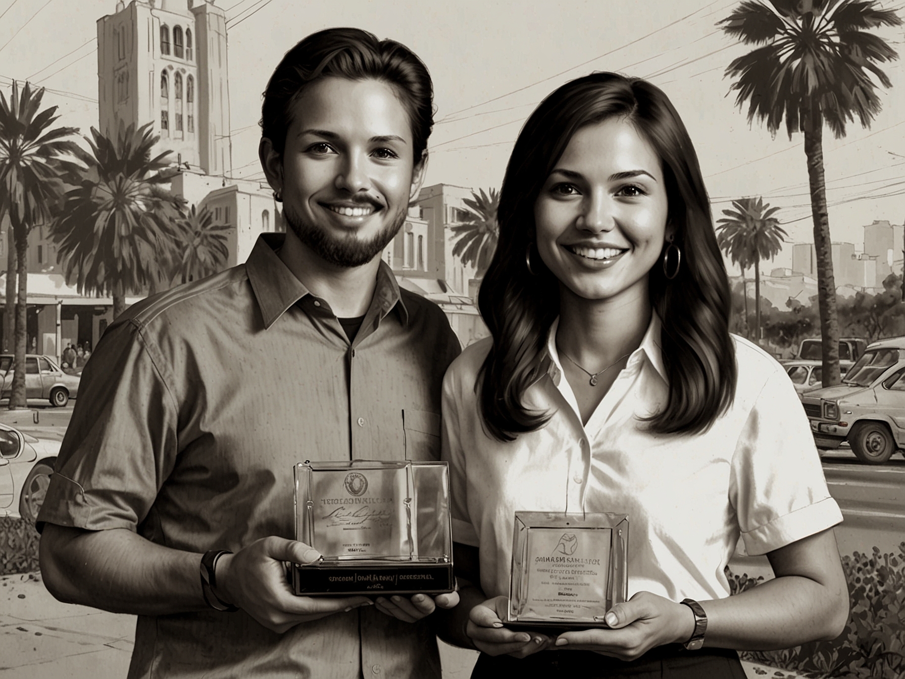 Veronica Flores and Vincent Perella proudly hold their Southern California Journalism Award, symbolizing their groundbreaking work in utilizing social media to enhance IndieWire's digital journalism efforts.