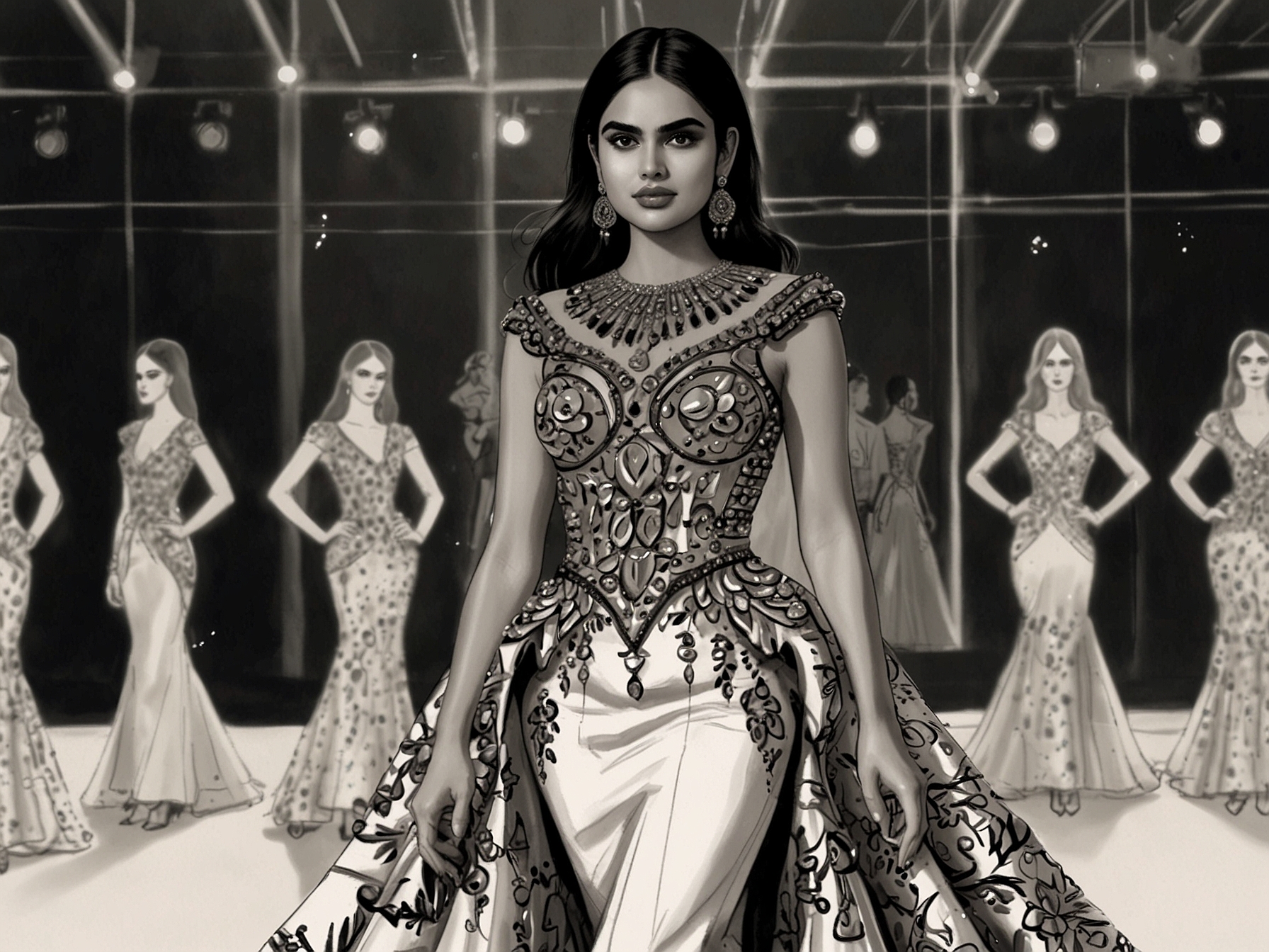 Isha Ambani stuns in a monochrome Schiaparelli gown, complemented by Schiaparelli Robot Babies adorned with Swarovski crystals, reflecting the brand's boundary-pushing aesthetic.