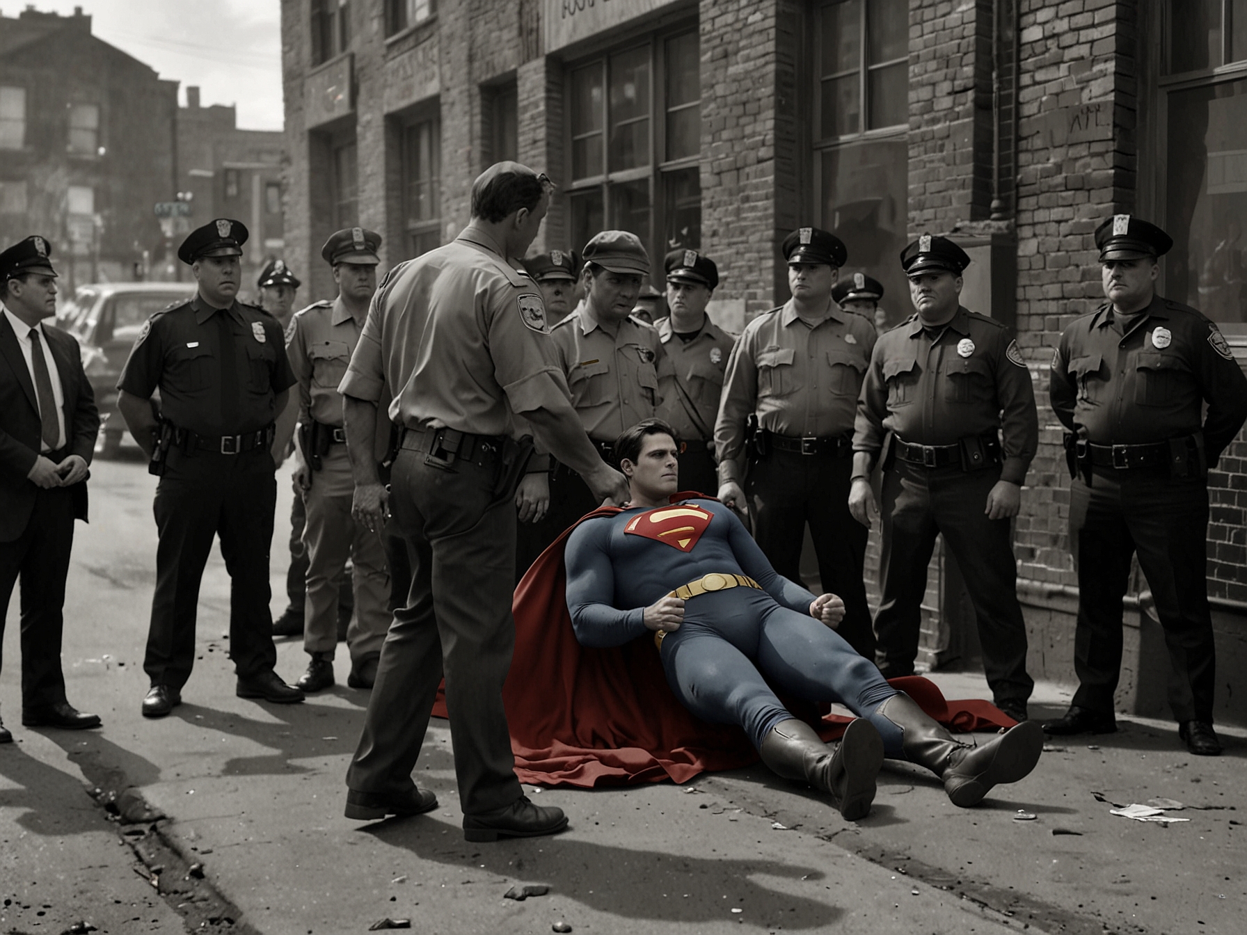 David Corenswet, dressed as Superman, being detained by authorities in a dynamic, high-tension scene filmed on a bustling Cleveland street.