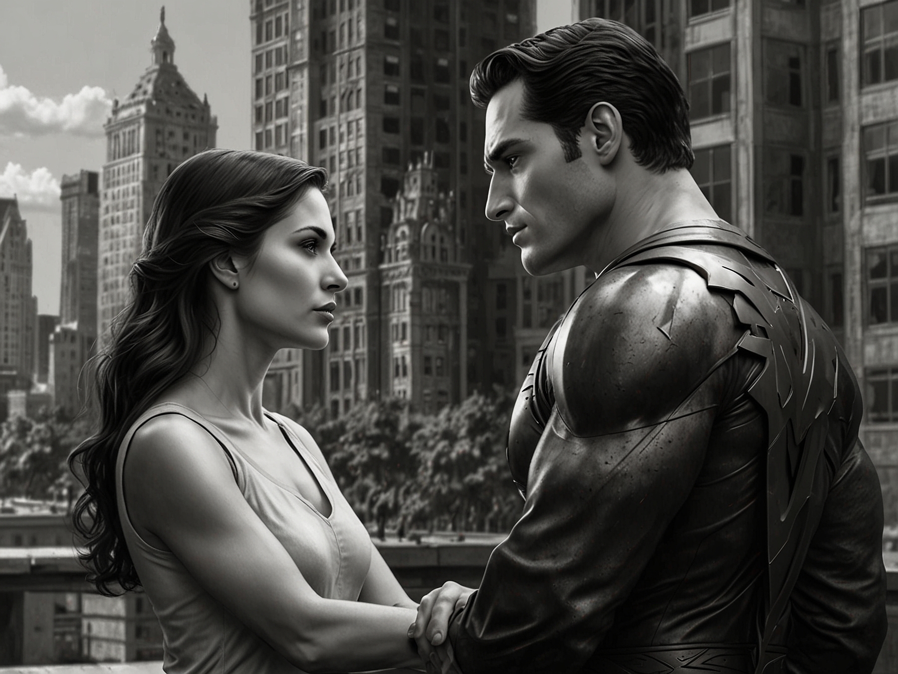 María Gabriela de Faría as The Engineer sharing a tense moment with Superman, set against the urban backdrop of Cleveland's iconic architecture.