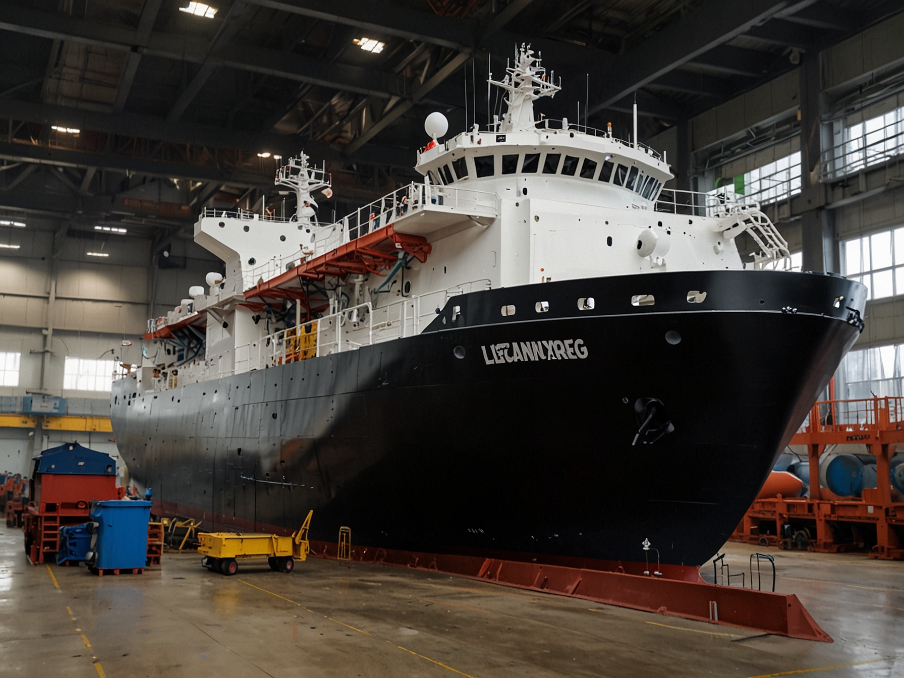 The Venture Gator, a newly launched LNG vessel, docked at the Samsung Heavy Industries shipyard in South Korea, showcasing its advanced environmental technology and innovative design.