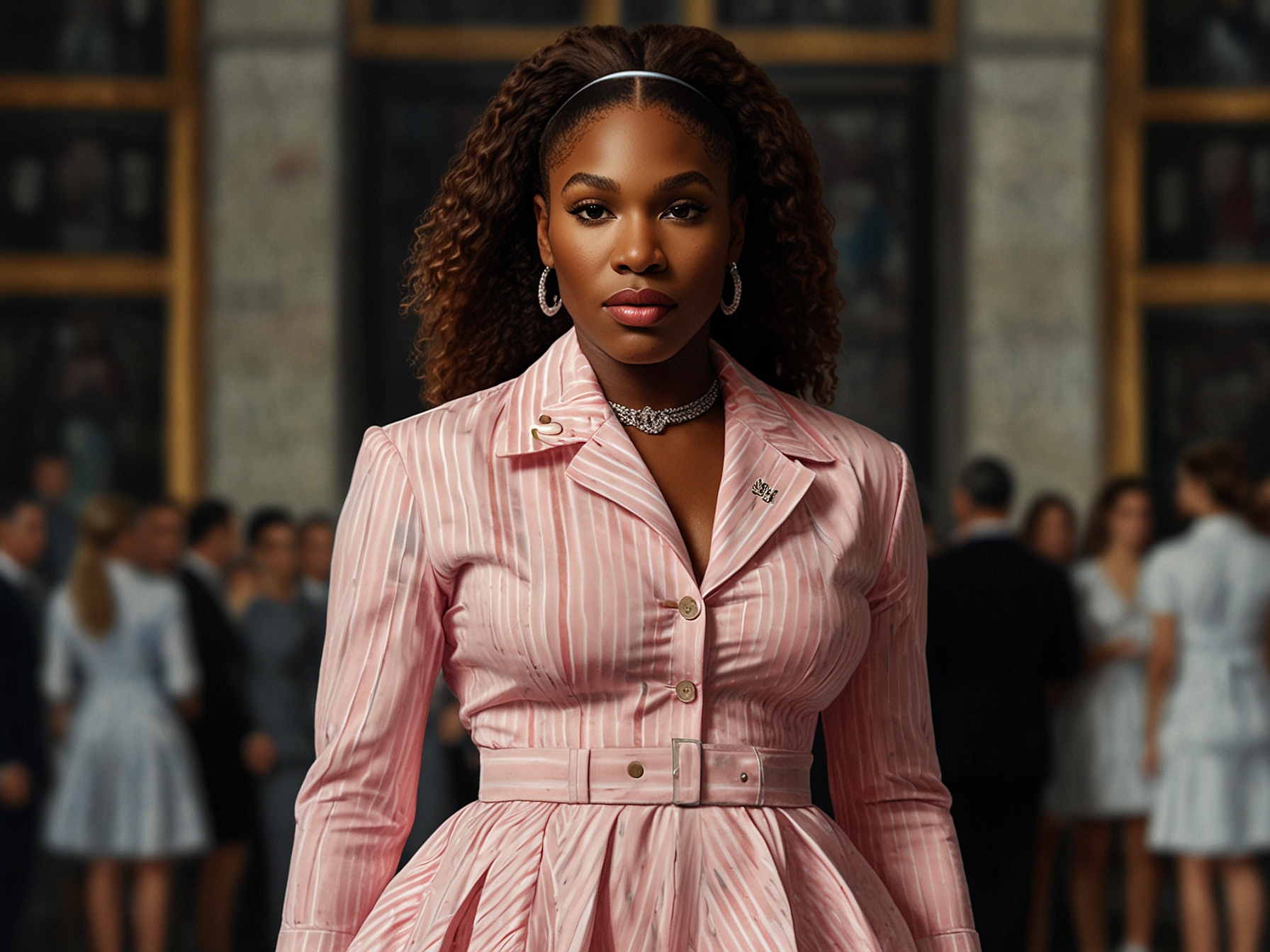 Serena Williams confidently walks into the Thom Browne fashion show, sporting a pastel pink striped dress shirt and a vibrant red skirt featuring the signature Hector motif.