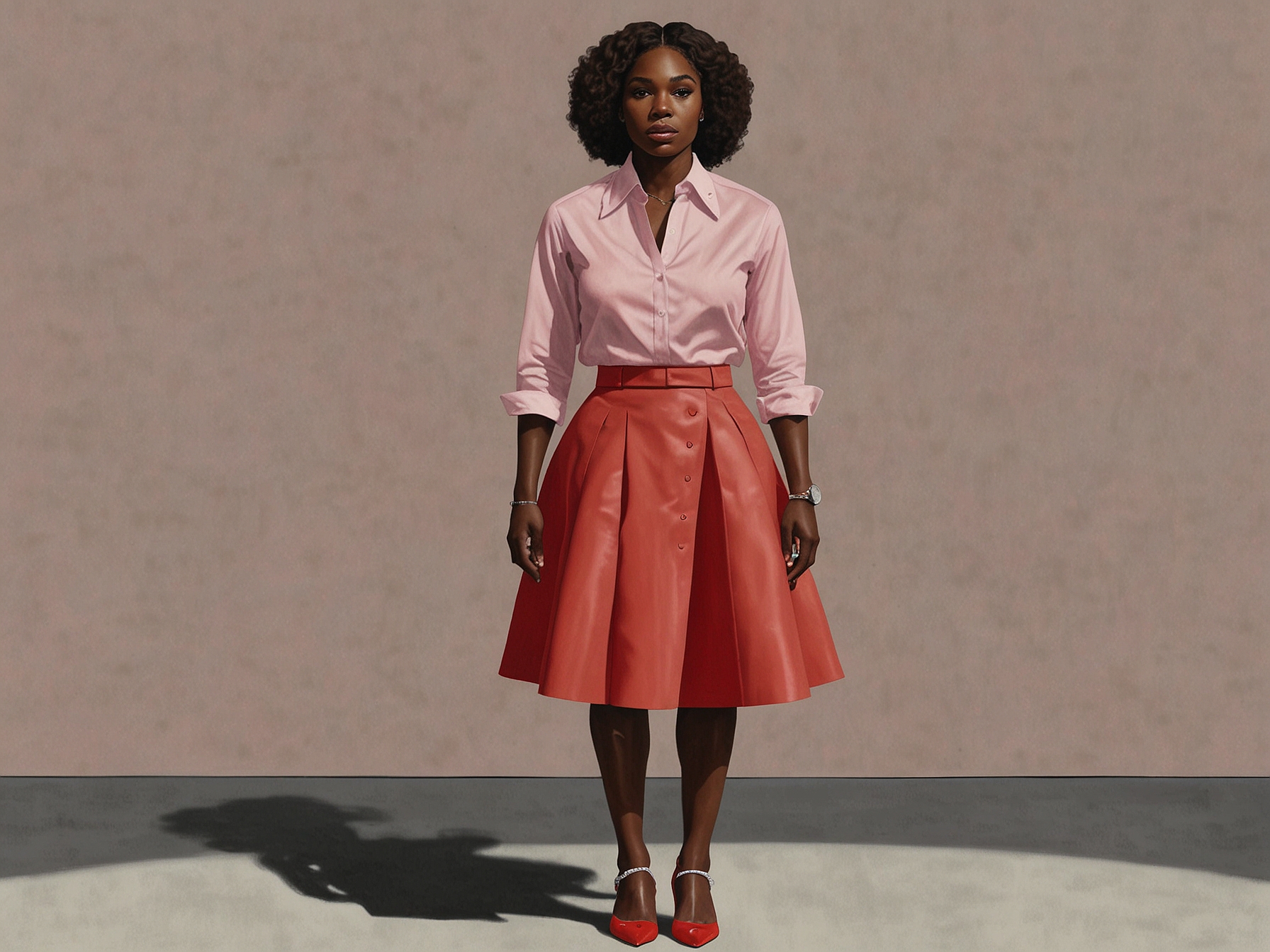 Serena Williams poses at the Thom Browne show in a pastel pink shirt tucked into a bold red skirt. Her minimalist jewelry and sophisticated heels complete this daring and fashionable look.