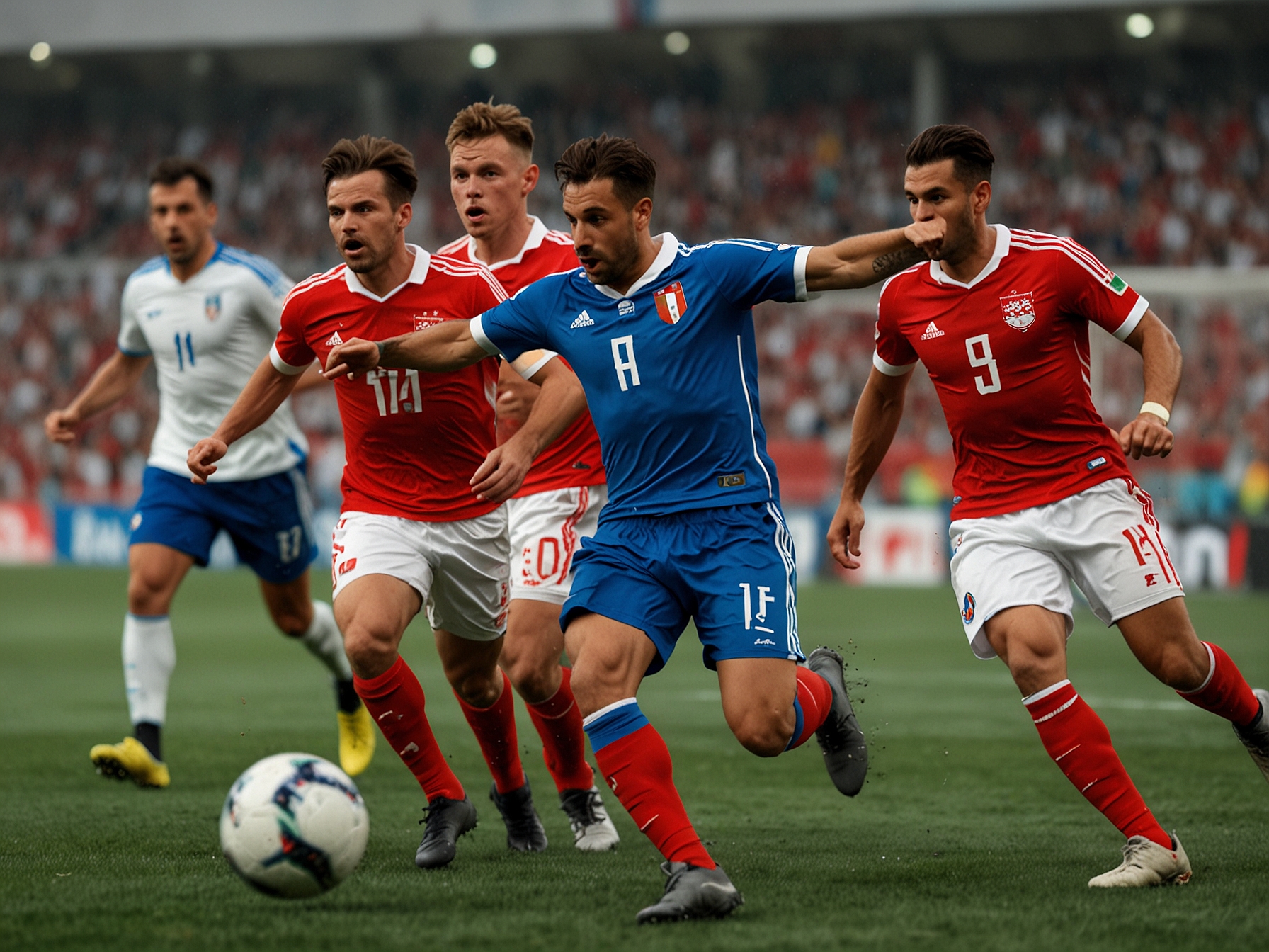 A thrilling moment captured during the Switzerland vs. Italy match, showcasing Swiss players pressing high while the Italian midfielders orchestrate play, emphasizing the tactical battle.