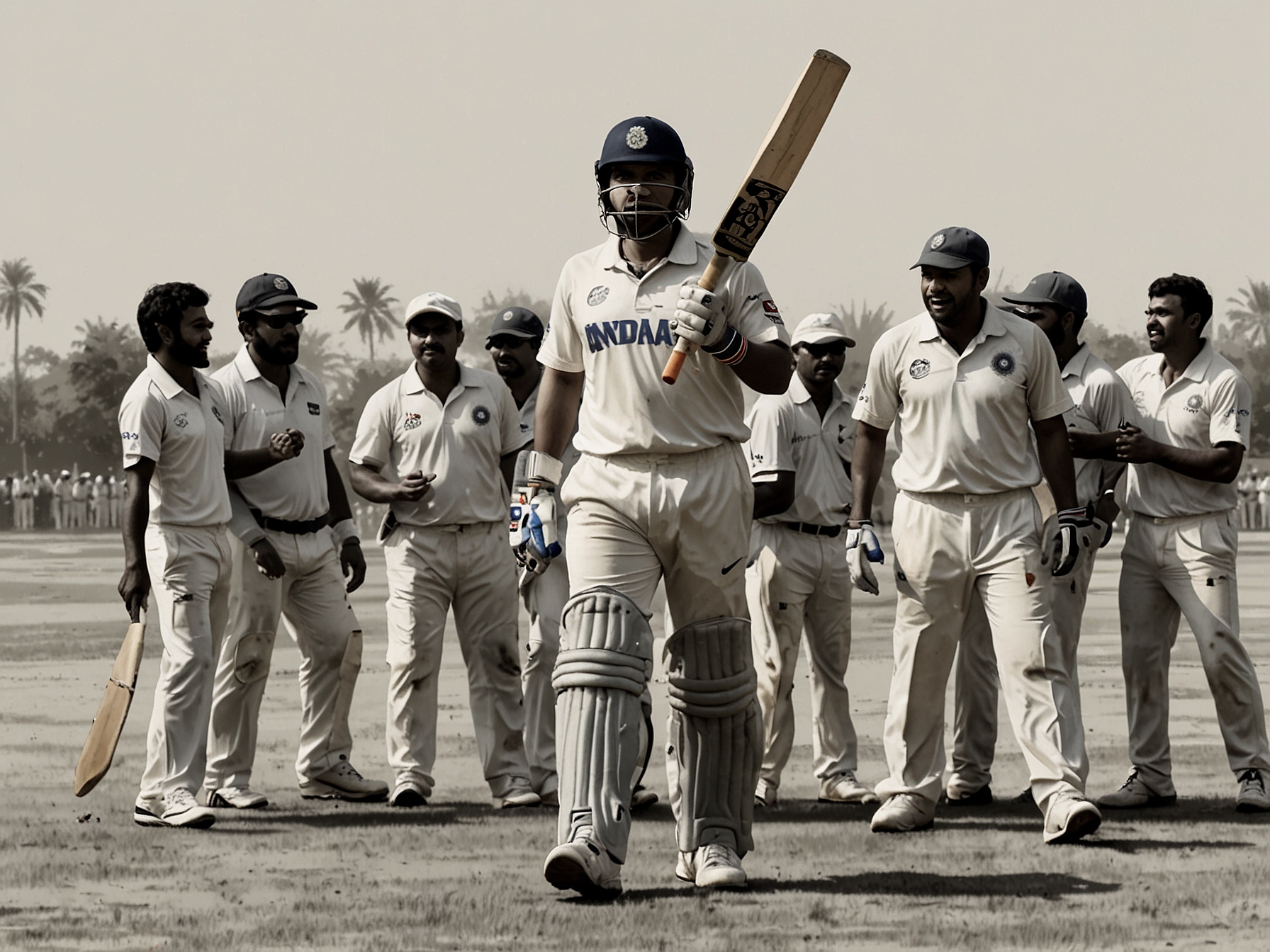 An image depicting Indian cricketer Rohit Sharma leading his team in a high-stakes match, paralleled with a scene from the Bollywood movie 'Lagaan,' illustrating the theme of underdogs versus champions.