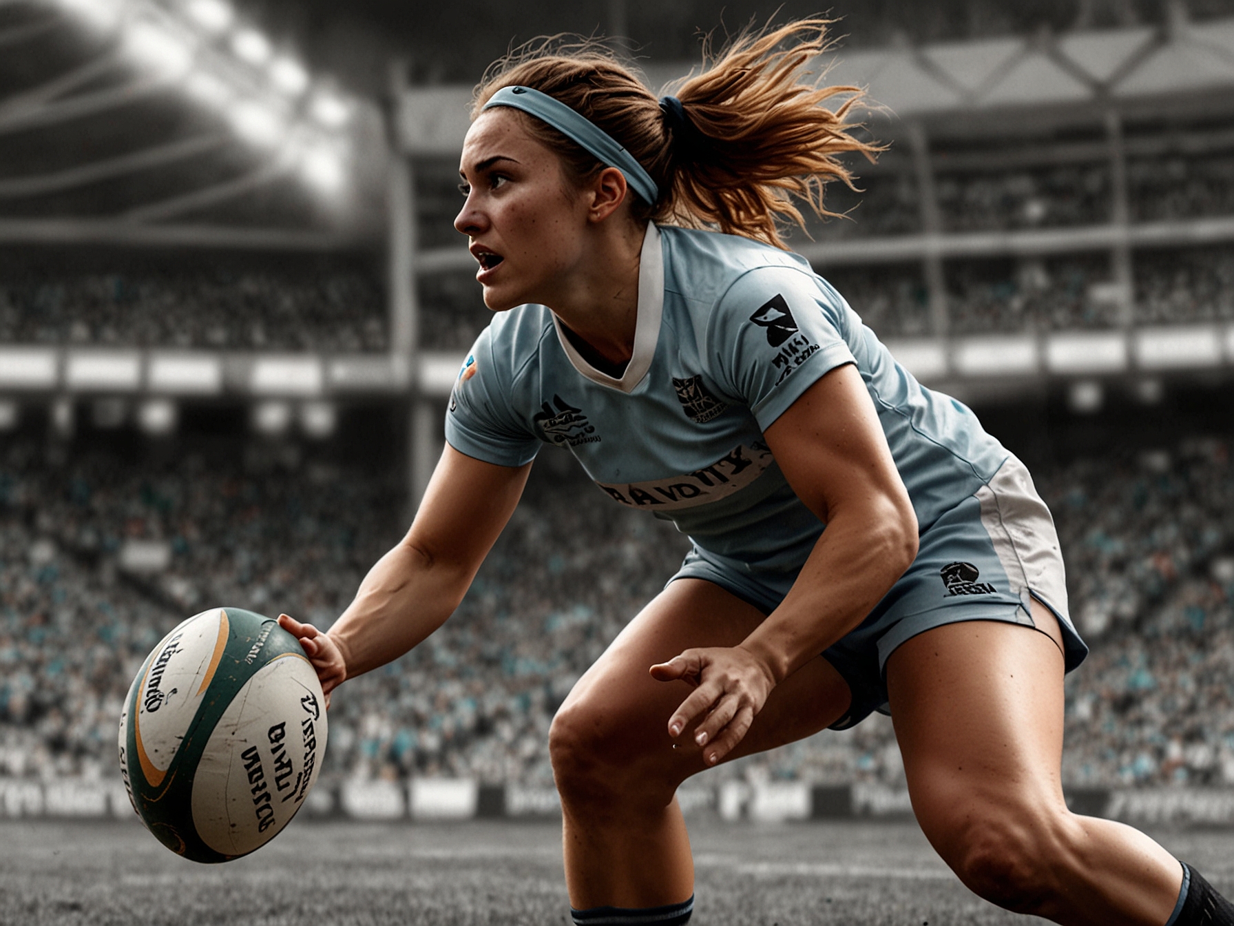 Maddison Levi in an intense rugby sevens match, showcasing her agility and speed, representing her versatility and success in transitioning between different sports.