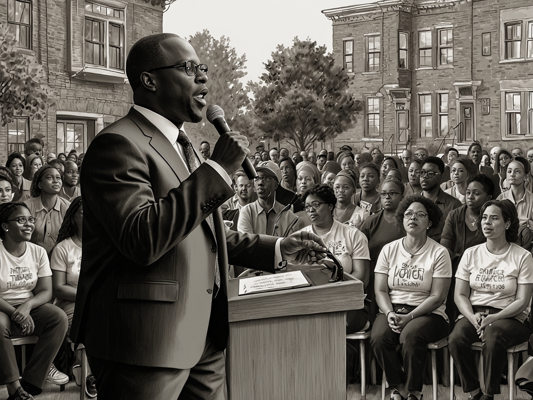 Rep. Jamaal Bowman speaking at a community event, emphasizing his progressive policies on education reform, climate justice, and police reform to a crowd of enthusiastic supporters.